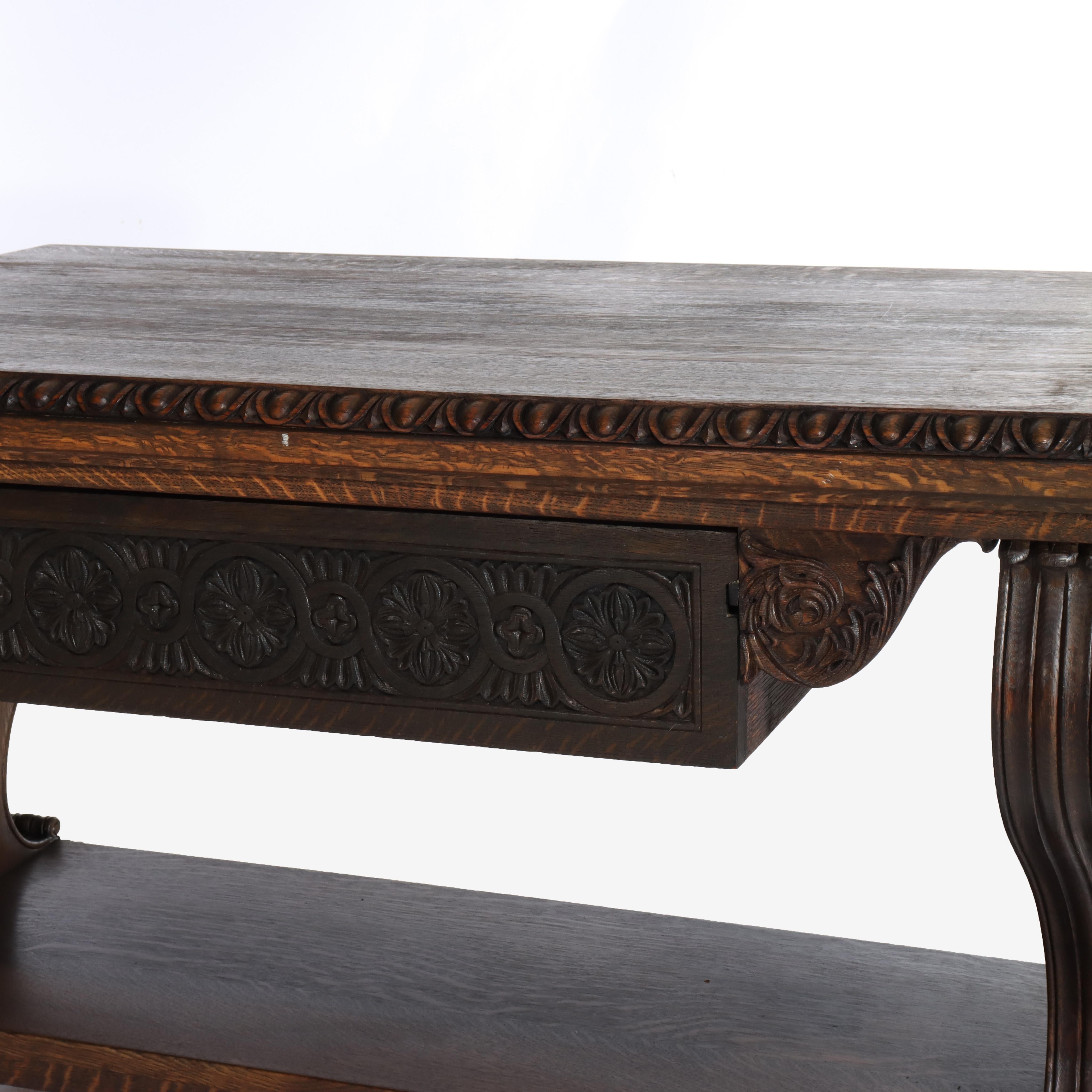 Arts & Crafts Mesa de biblioteca de caballete de roble tallado con patas en forma de lira C1910 en venta 1