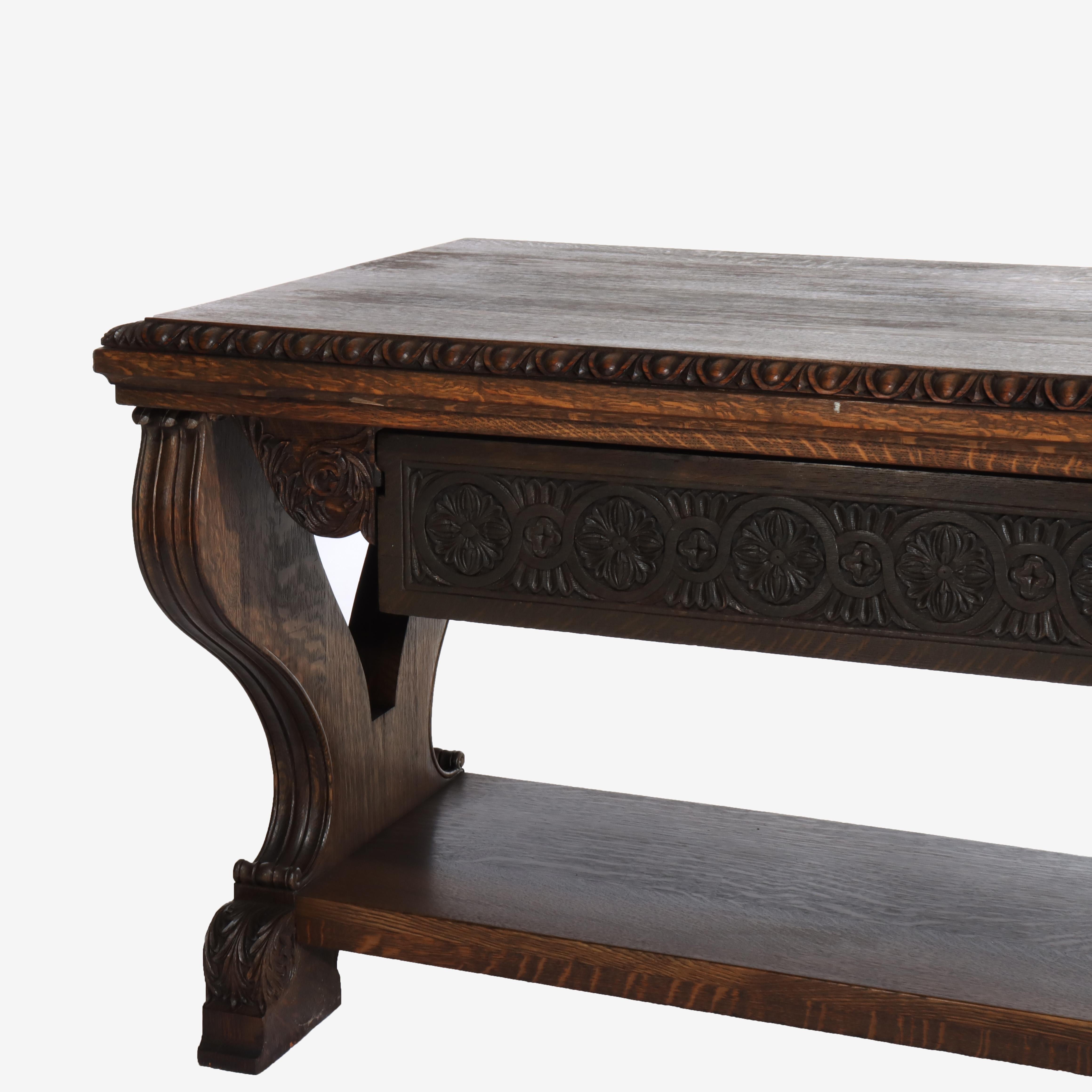 Arts & Crafts Mesa de biblioteca de caballete de roble tallado con patas en forma de lira C1910 en venta 2