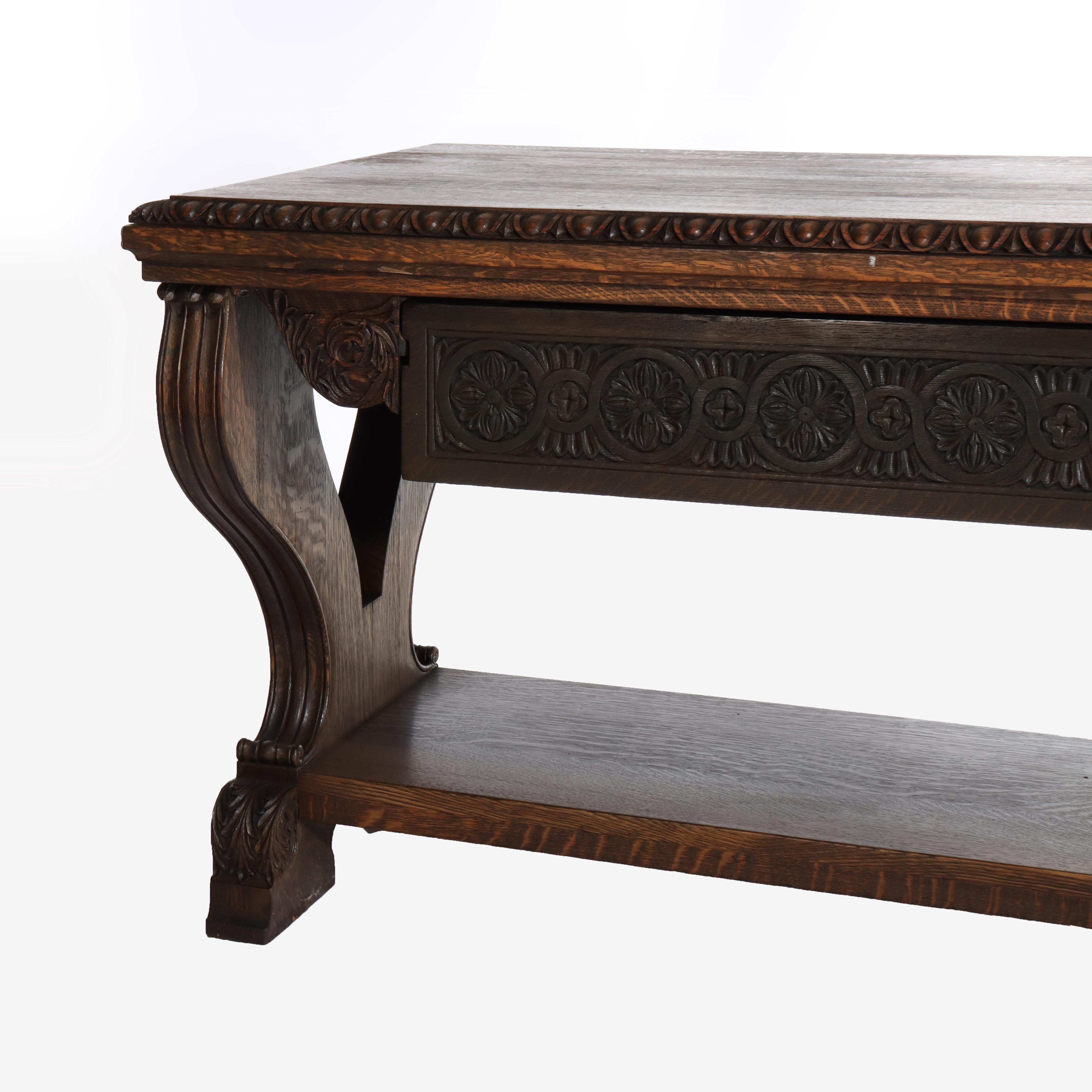 Arts & Crafts Mesa de biblioteca de caballete de roble tallado con patas en forma de lira C1910 en venta 3