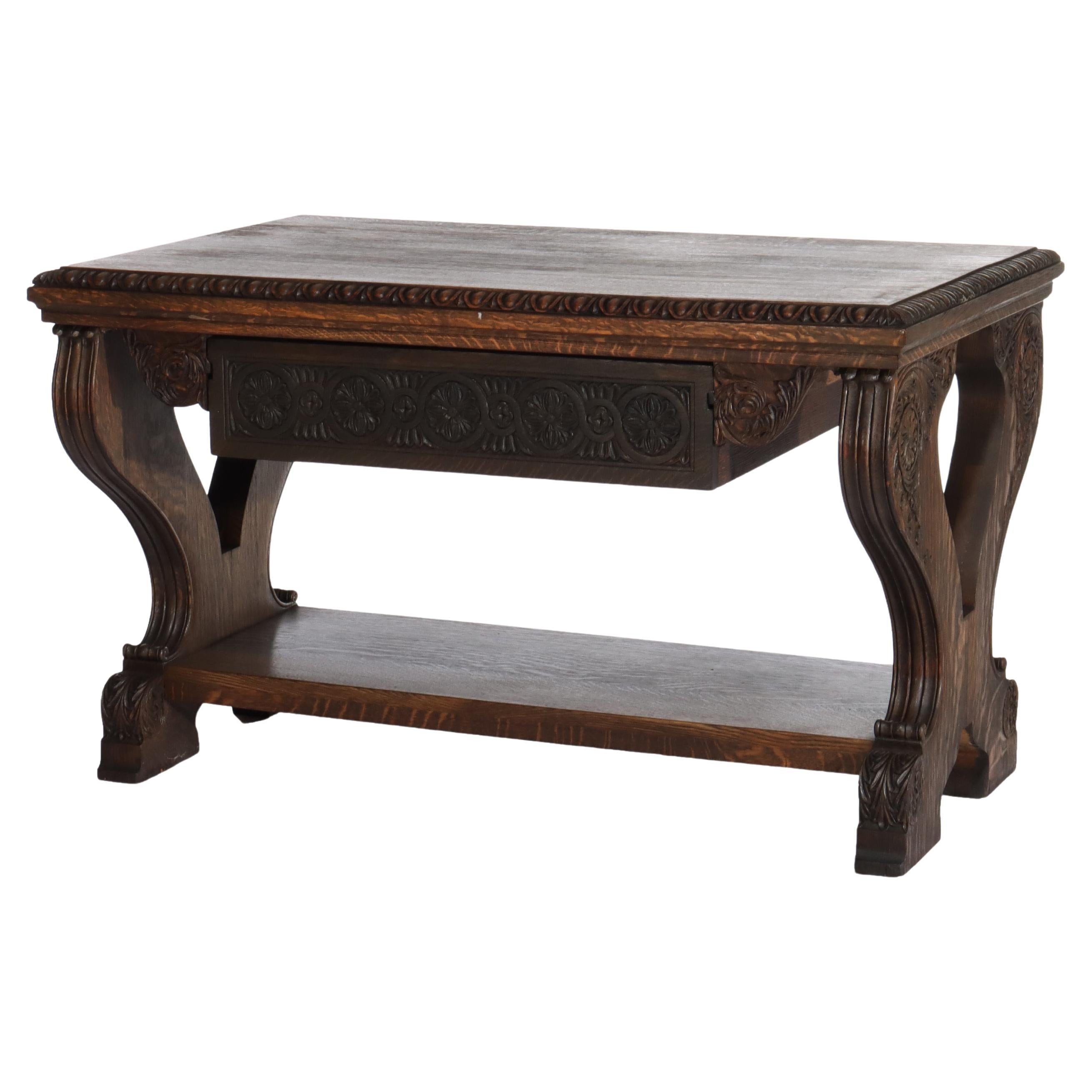 Table de bibliothèque Arts & Crafts à tréteaux en chêne sculpté avec pieds en forme de lyre, vers 1910