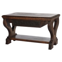 Antique Arts & Crafts Carved Oak Trestle Library Table with Lyre Form Legs C1910