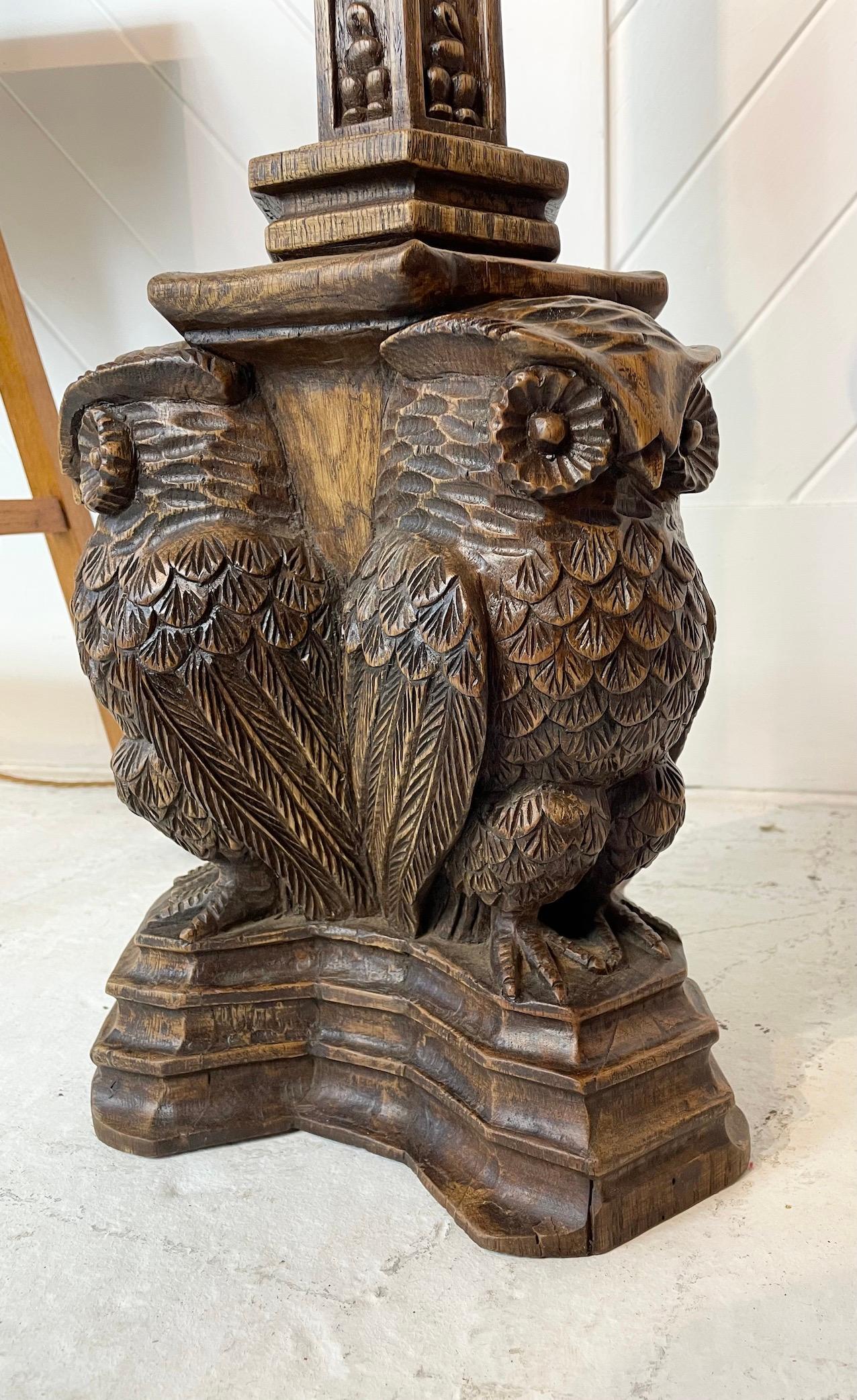 English Arts & Crafts Carved Owl Standard Lamp For Sale