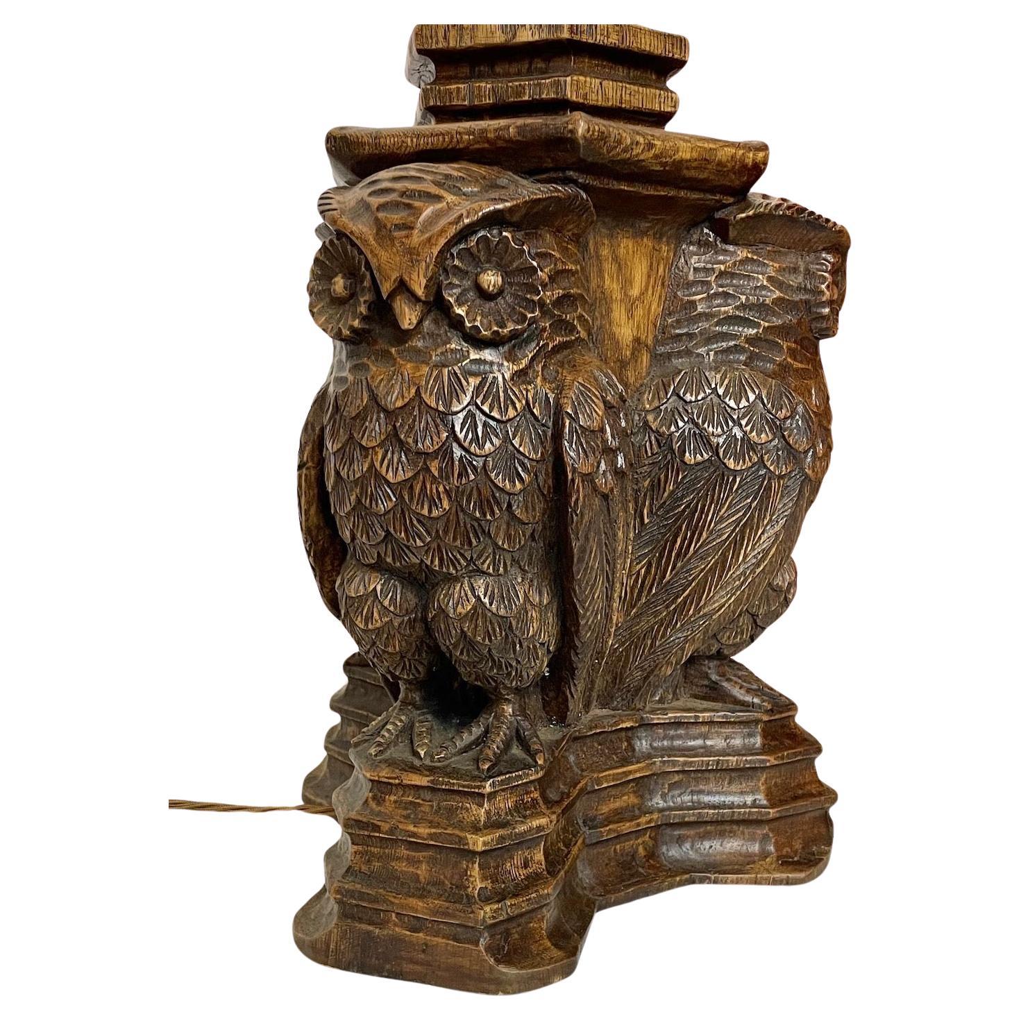 Arts & Crafts Carved Owl Standard Lamp For Sale