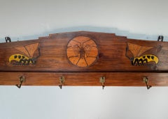 Arts & Crafts Carved & Painted Folk Art Wall Coat Rack w. Yellow Beetle & Insect