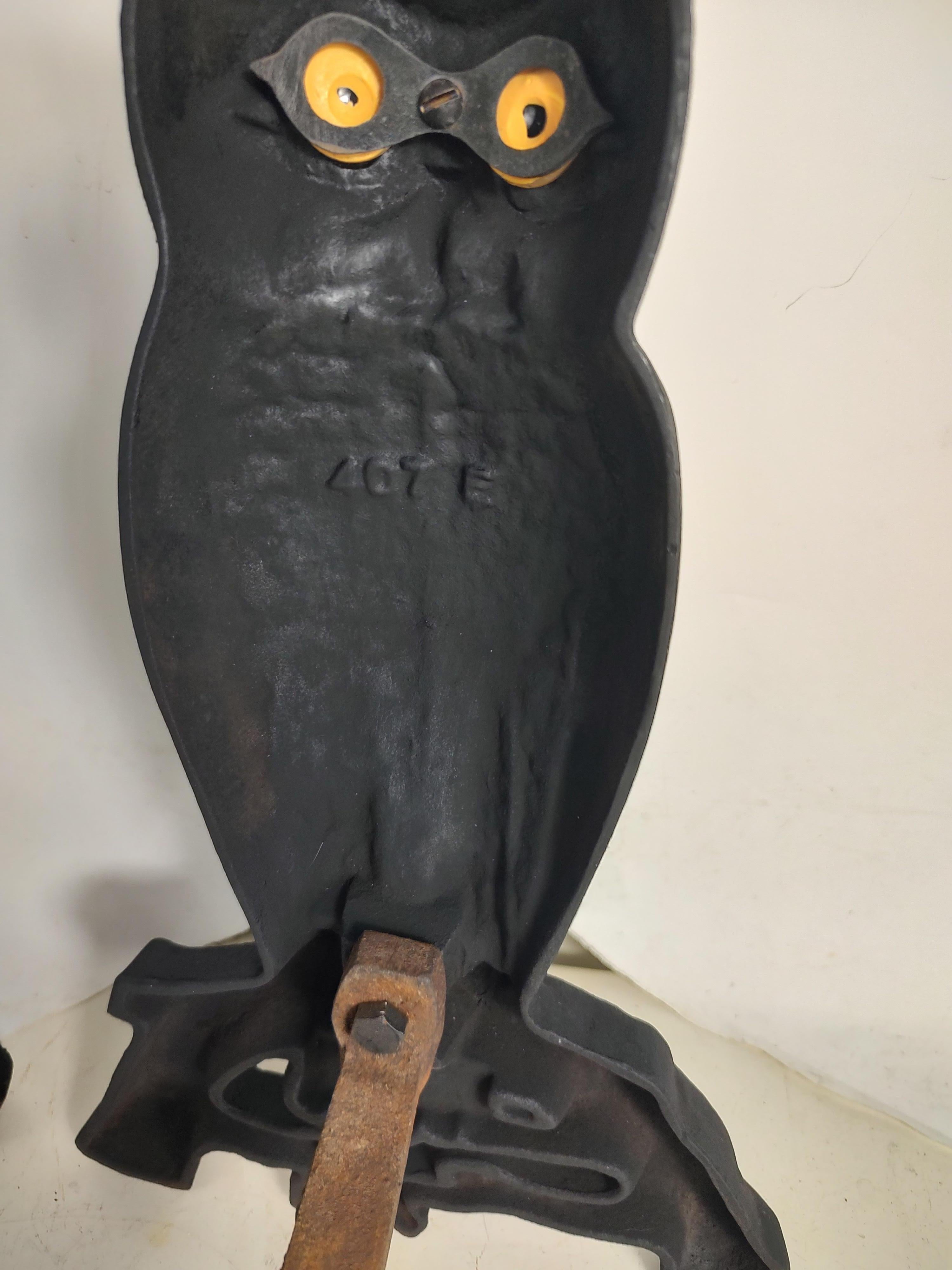Early 20th Century Arts & Crafts Cast Iron Owl Andirons with Glass Eyes For Sale