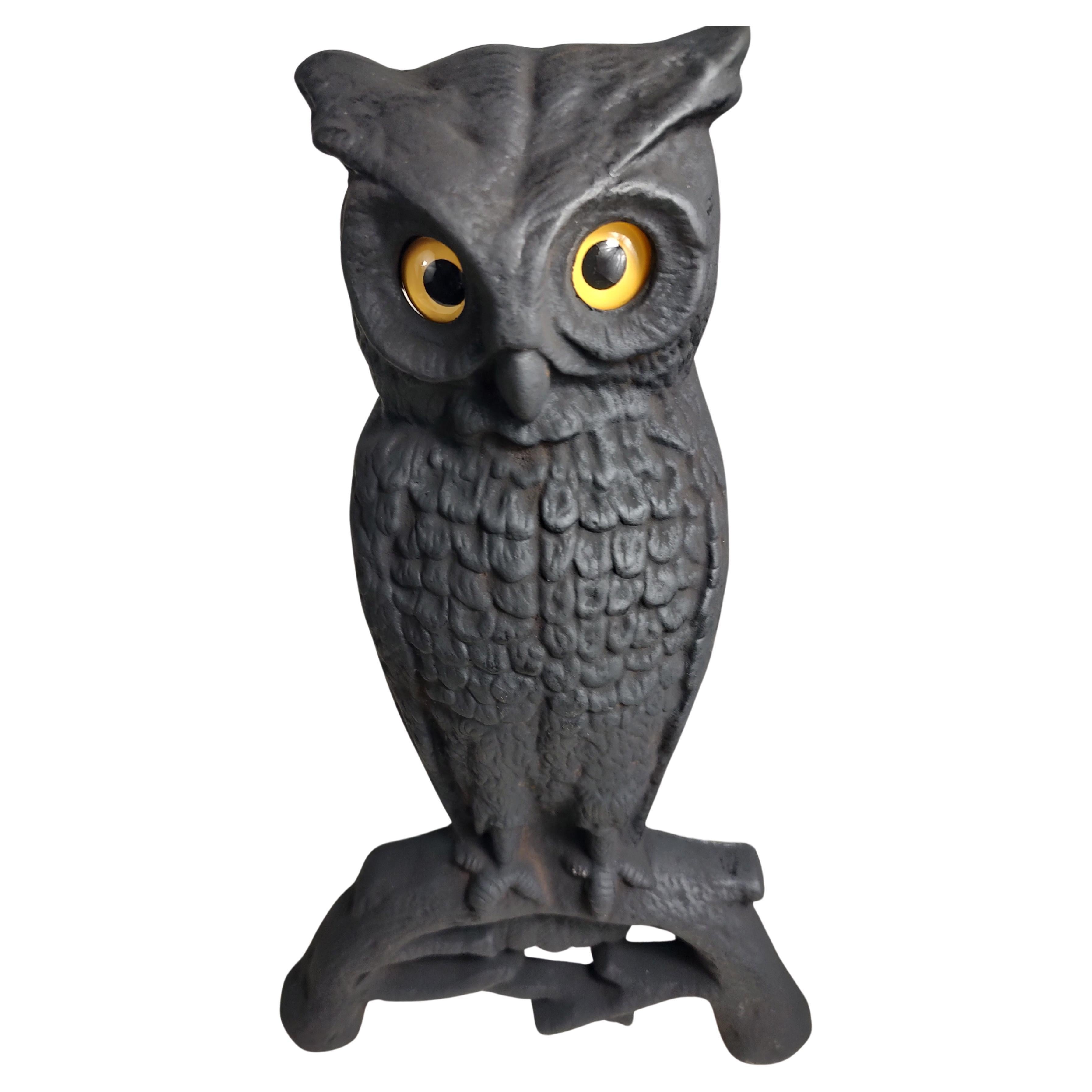 American Arts & Crafts Cast Iron Owl Andirons with Glass Eyes For Sale