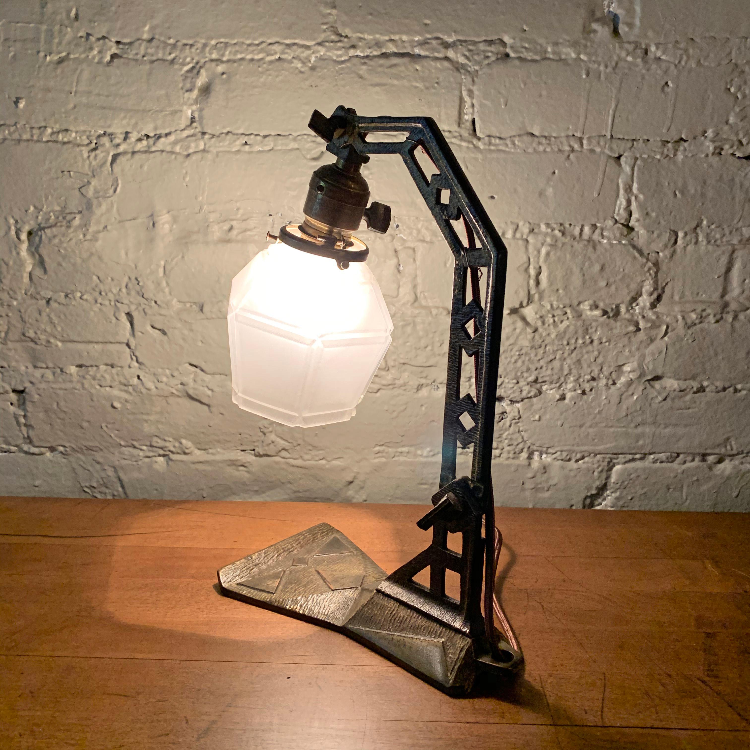 Arts & Crafts Cast Iron Table Lamp with Frosted Glass Shade For Sale 1