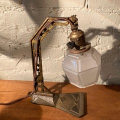 Arts & Crafts Cast Iron Table Lamp with Frosted Glass Shade