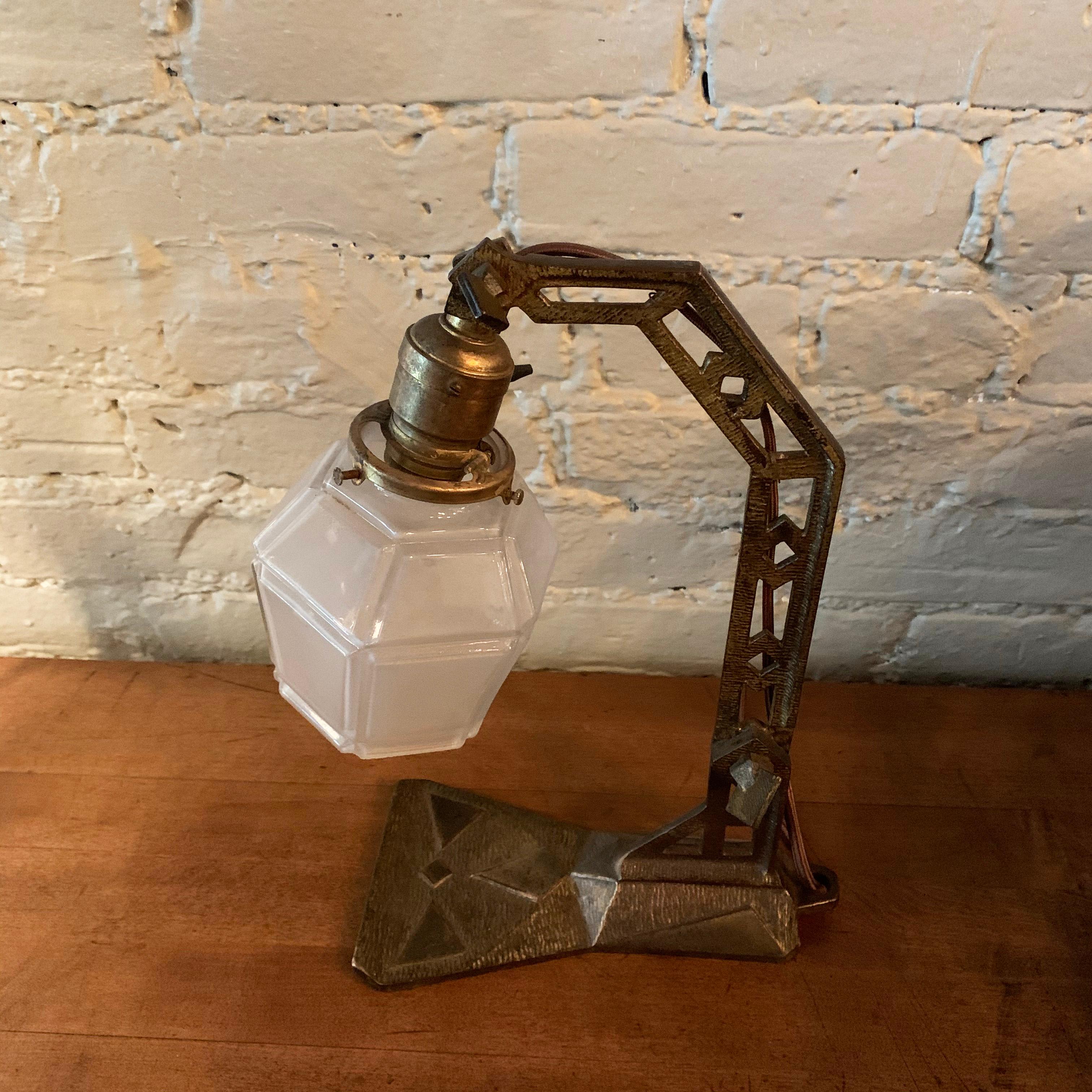 Arts & Crafts Cast Iron Table Lamp with Frosted Glass Shade In Good Condition For Sale In Brooklyn, NY