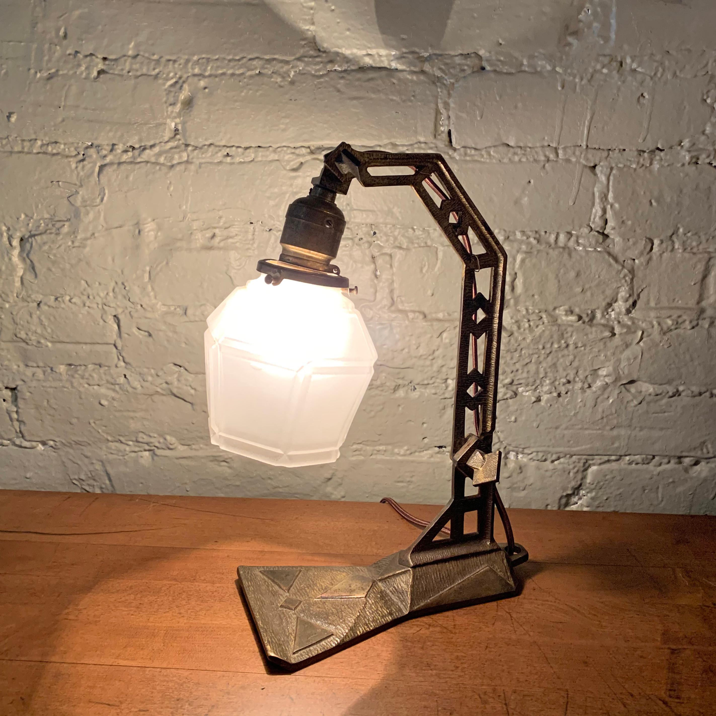 Early 20th Century Arts & Crafts Cast Iron Table Lamp with Frosted Glass Shade For Sale