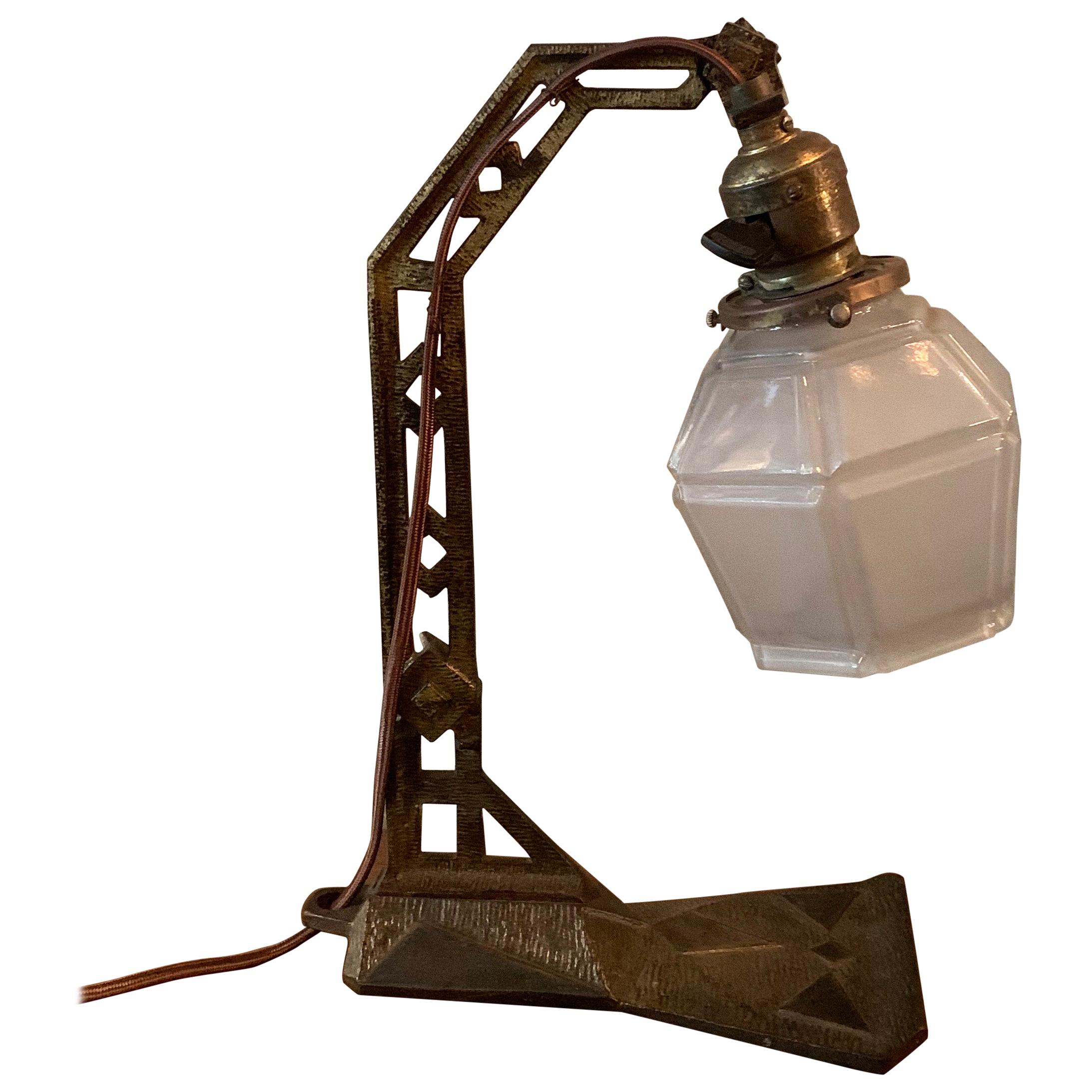 Arts & Crafts Cast Iron Table Lamp with Frosted Glass Shade For Sale