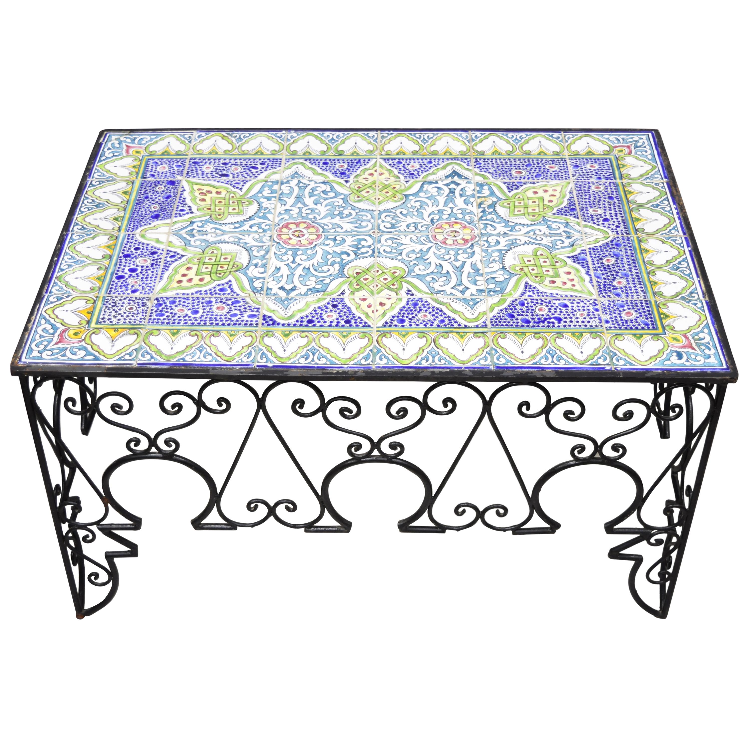Arts & Crafts Ceramic California Tile Wrought Iron Coffee Table Attr. Catalina For Sale