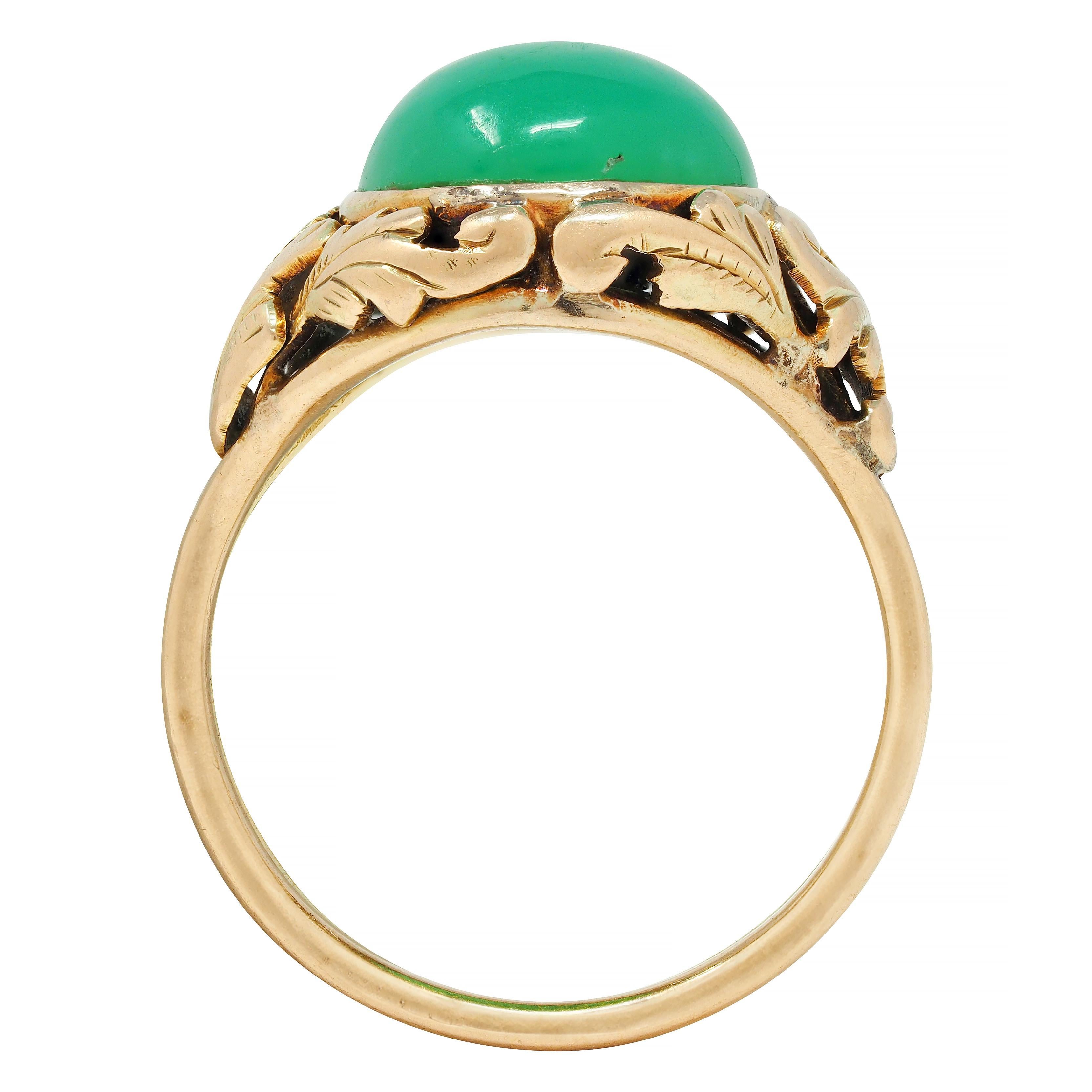 Arts & Crafts Chrysoprase Cabochon 14 Karat Gold Foliate Floral Antique Ring For Sale 5