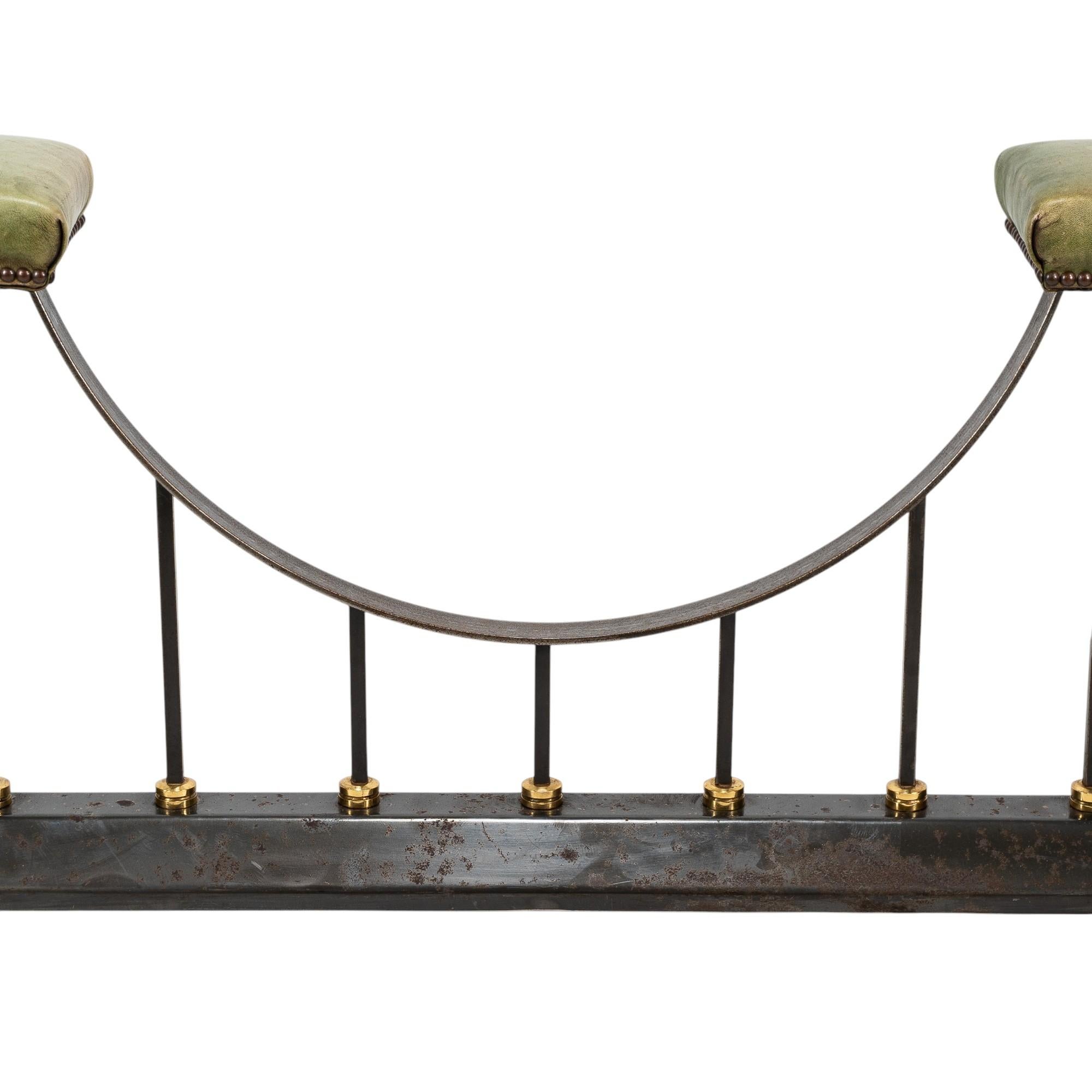 Arts & Crafts Club Fender in Brass & Cast Iron with Green Leather Seats For Sale 4
