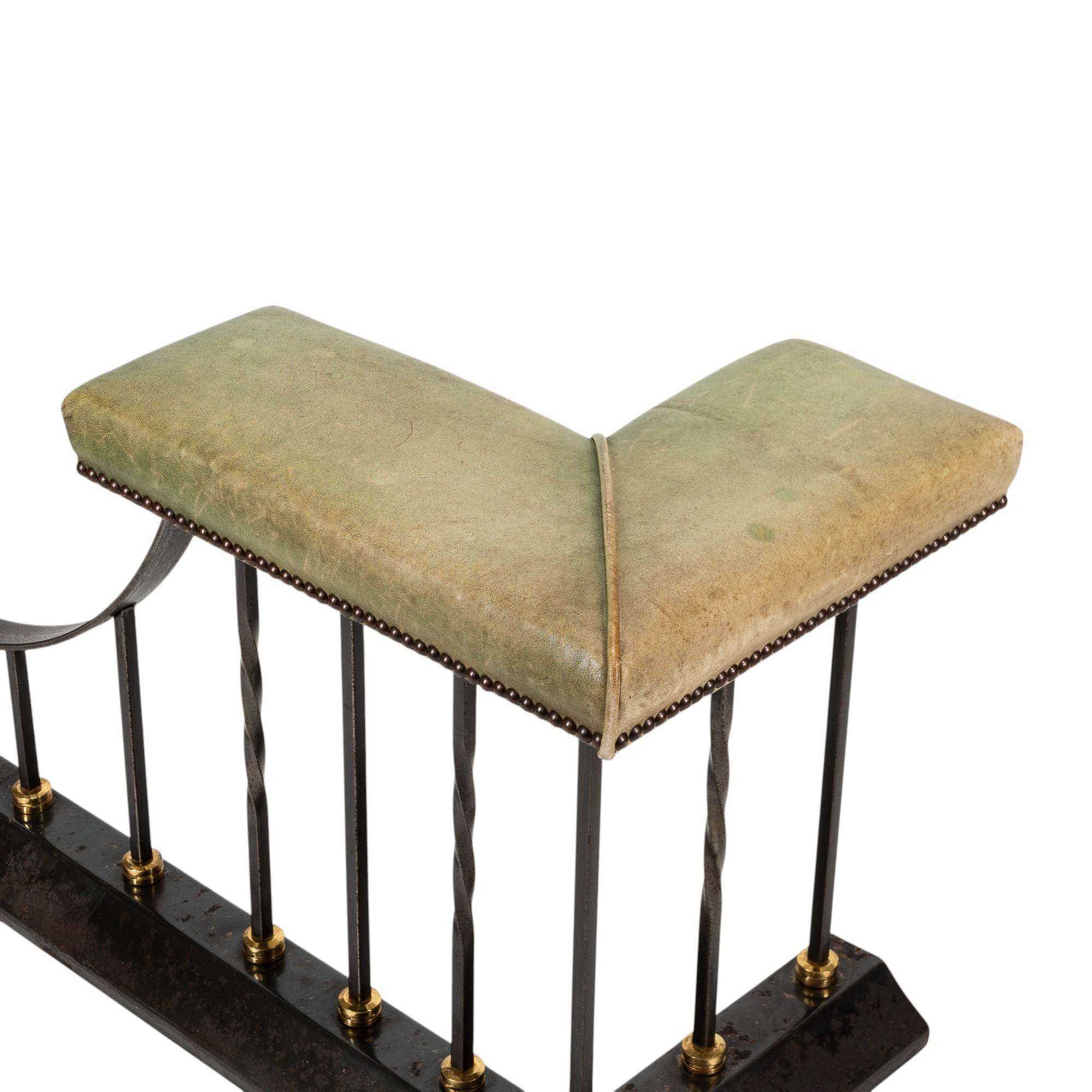 Arts & Crafts Club Fender in Brass & Cast Iron with Green Leather Seats For Sale 6
