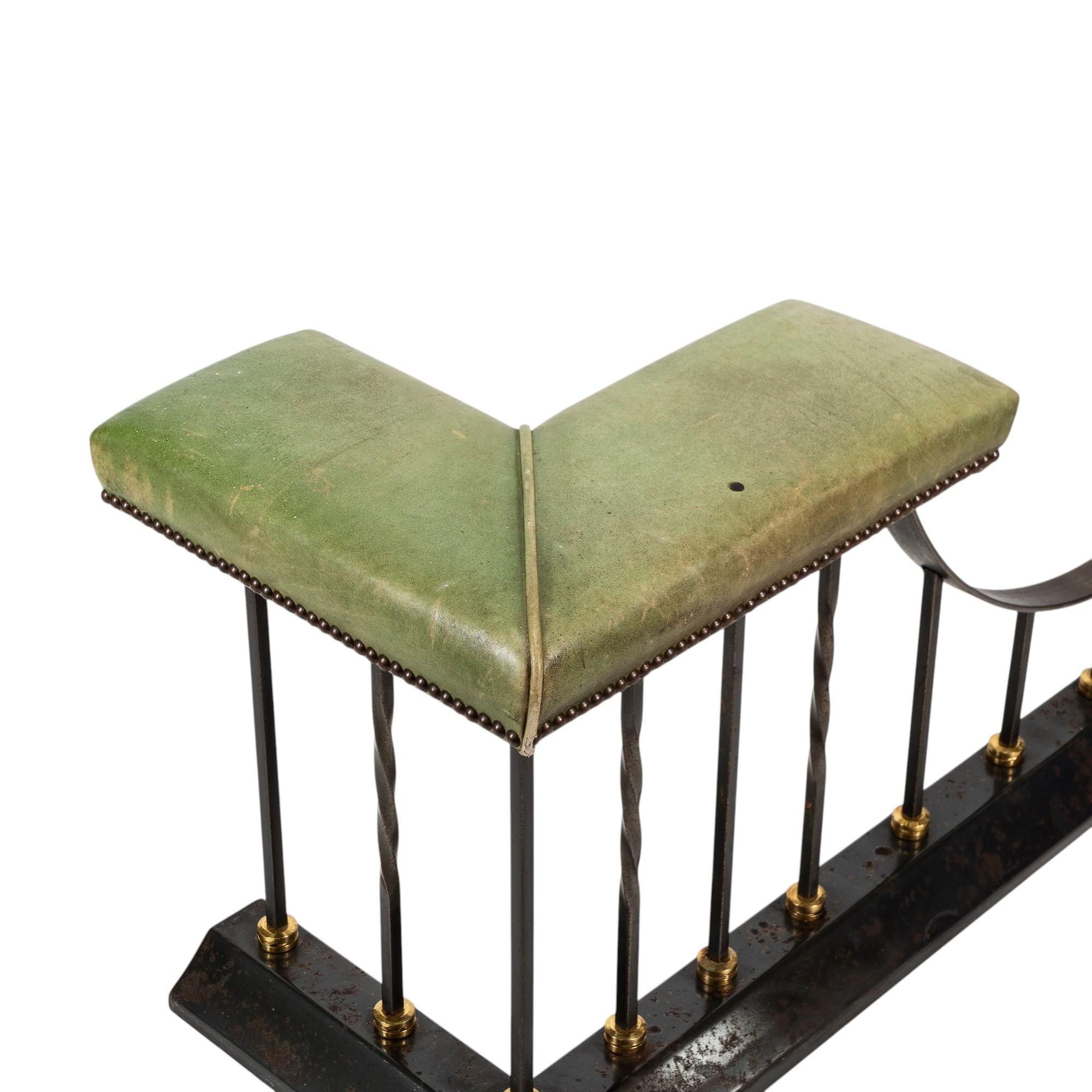Arts & Crafts Club Fender in Brass & Cast Iron with Green Leather Seats For Sale 7