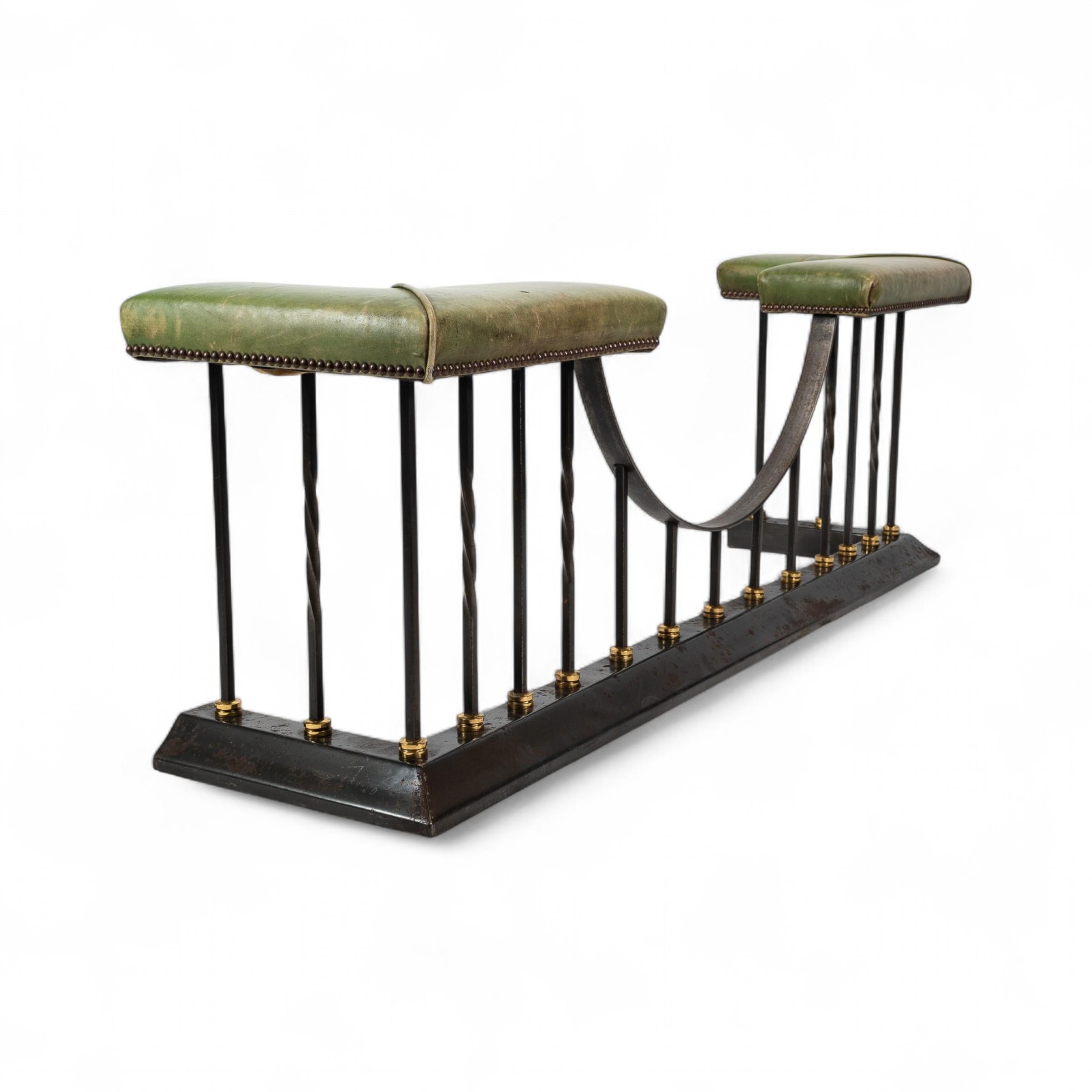 Arts & Crafts Club Fender in Brass & Cast Iron with Green Leather Seats For Sale 8