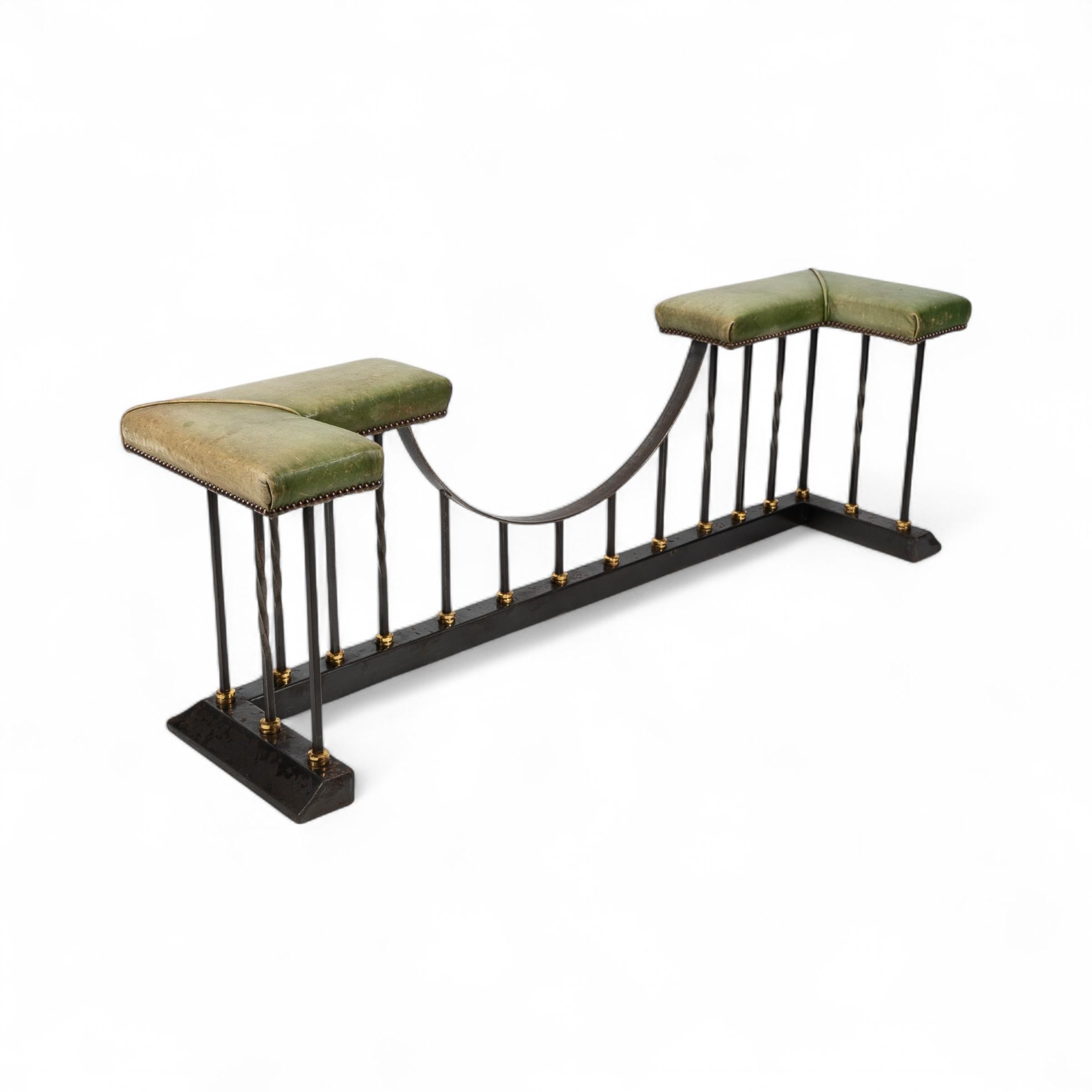 Hand-Crafted Arts & Crafts Club Fender in Brass & Cast Iron with Green Leather Seats For Sale