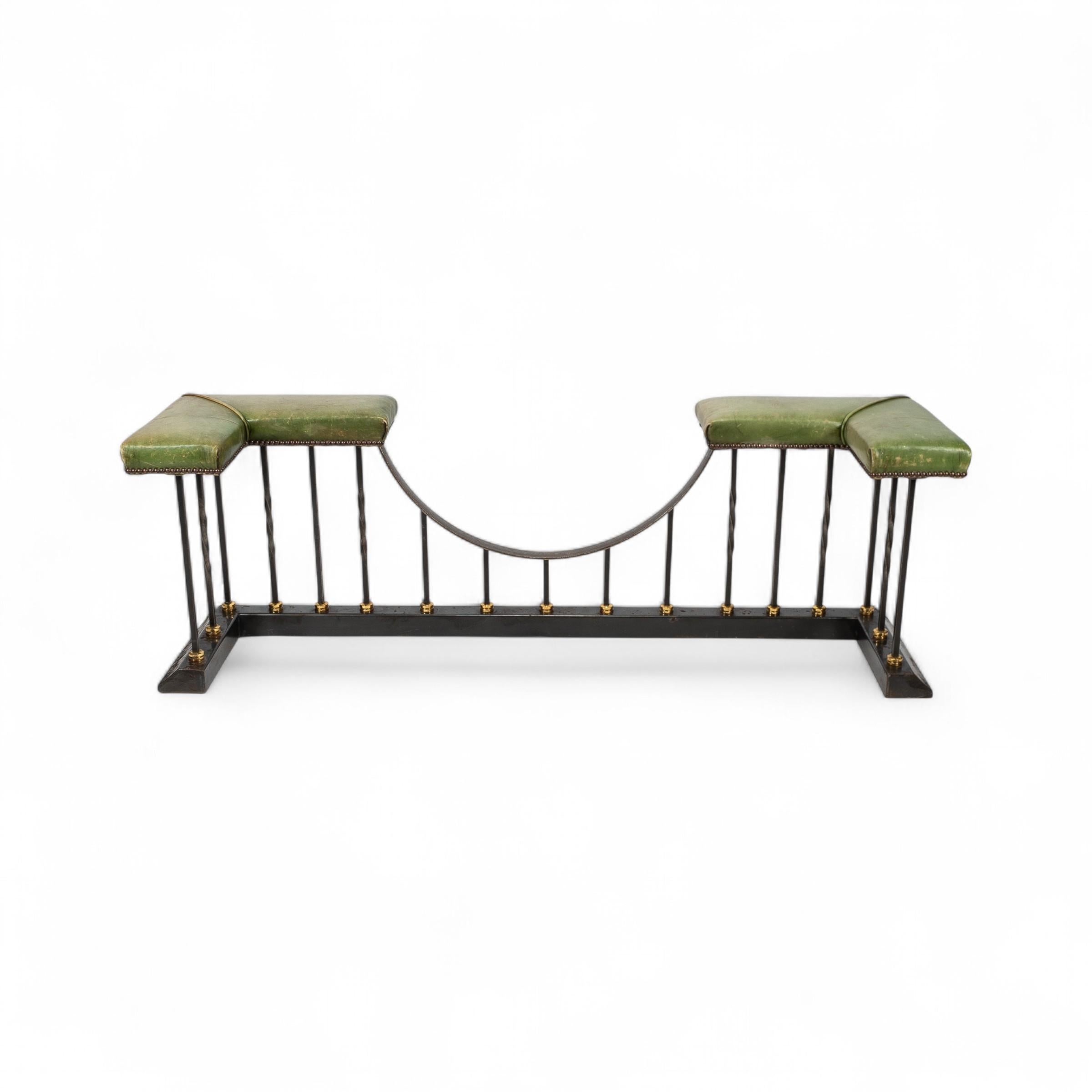 Arts & Crafts Club Fender in Brass & Cast Iron with Green Leather Seats In Good Condition For Sale In London, GB