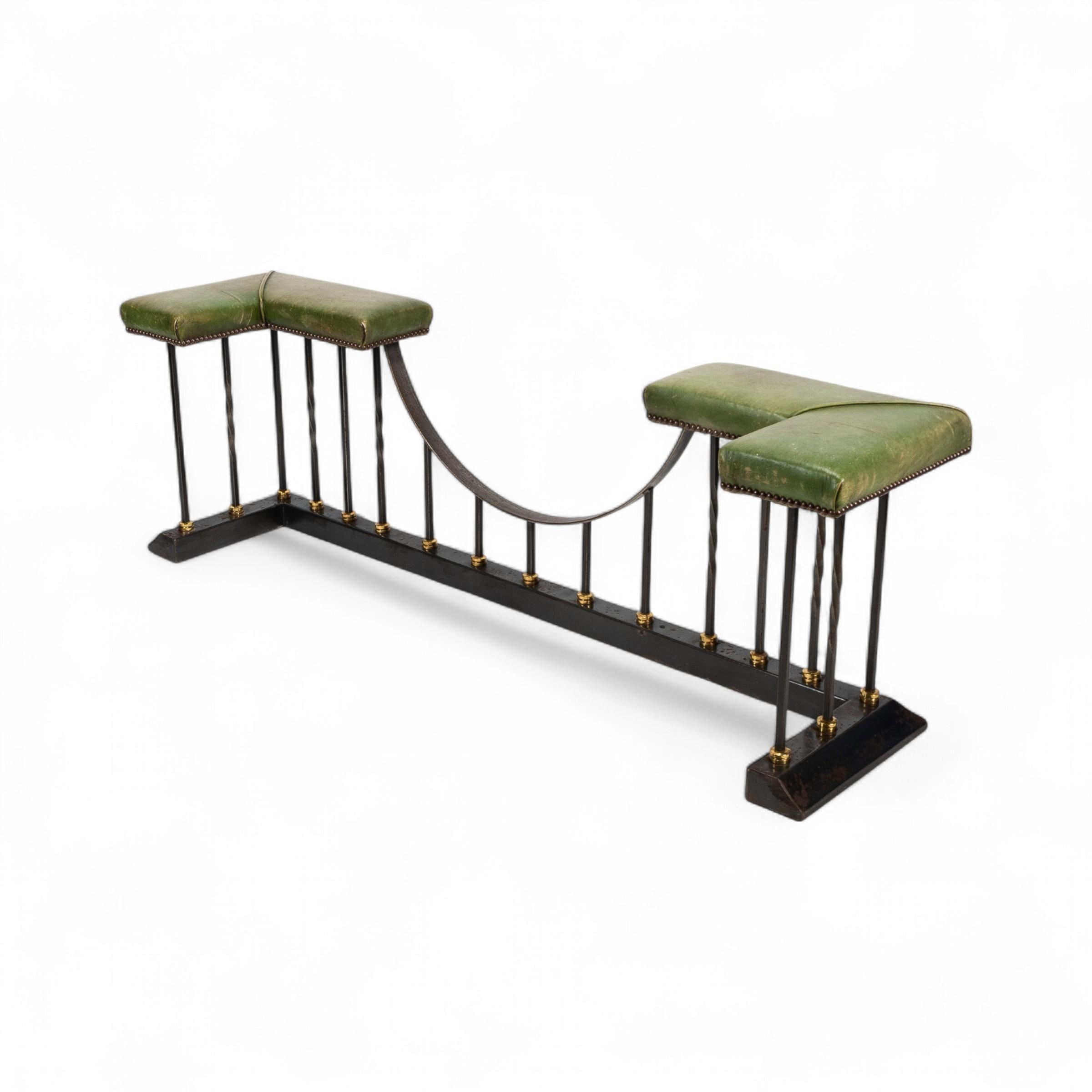 20th Century Arts & Crafts Club Fender in Brass & Cast Iron with Green Leather Seats For Sale