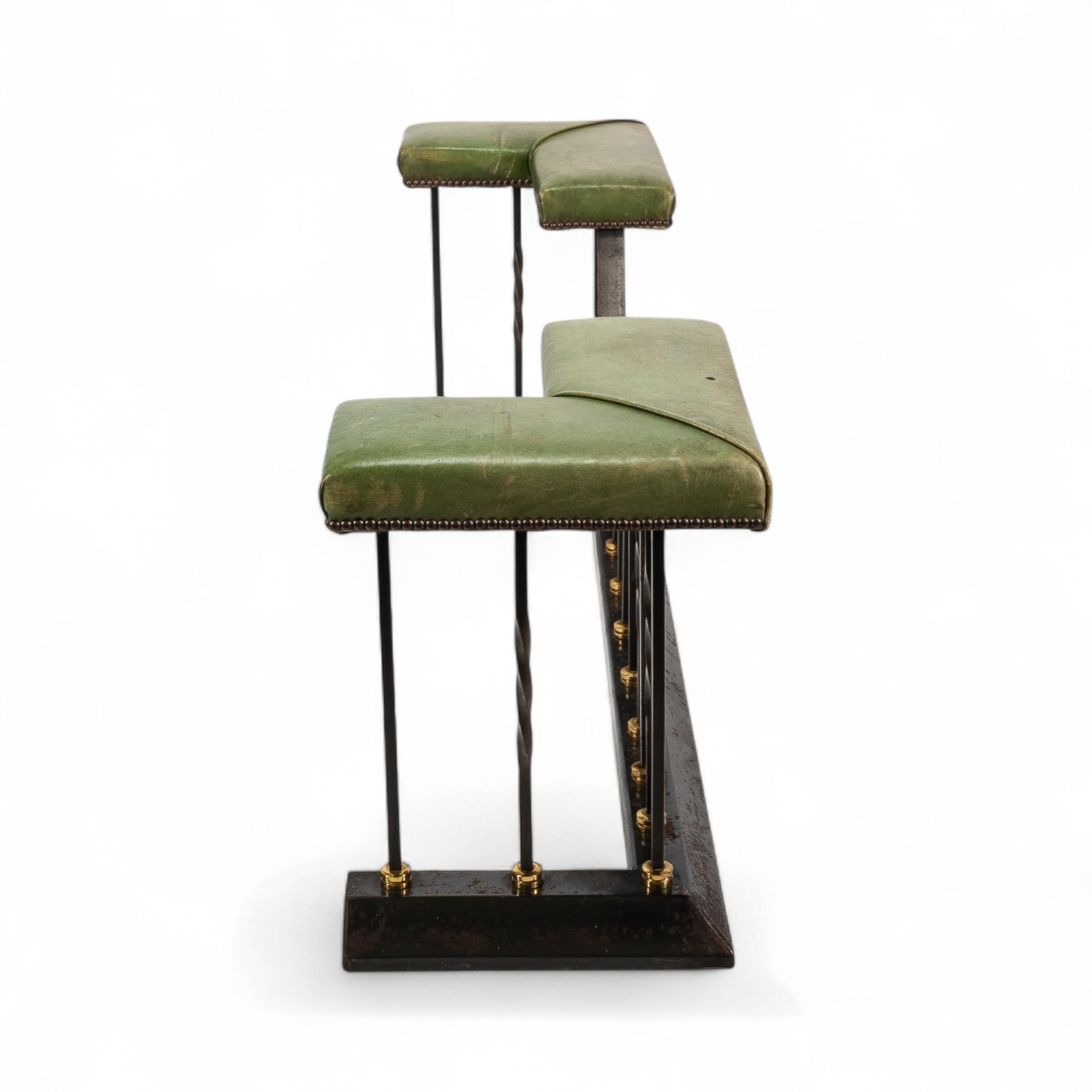 Arts & Crafts Club Fender in Brass & Cast Iron with Green Leather Seats For Sale 1
