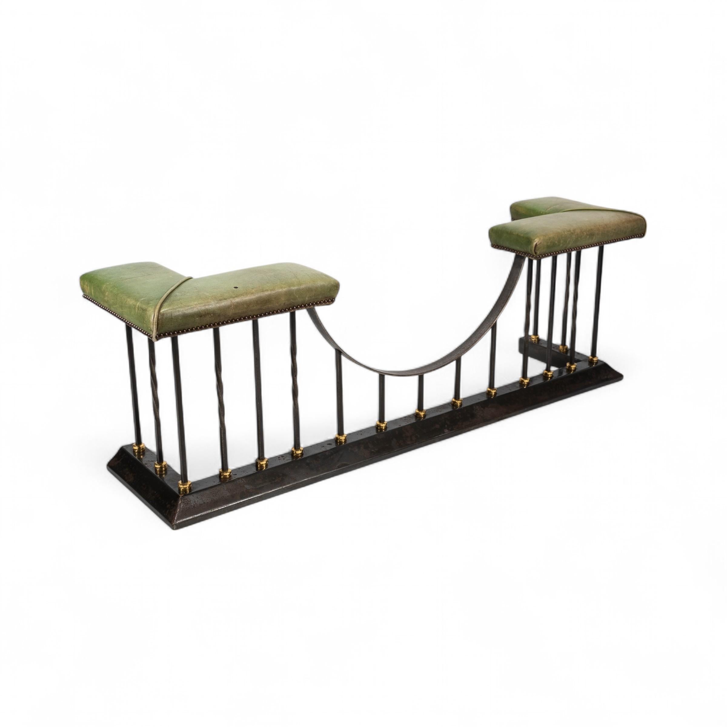 Arts & Crafts Club Fender in Brass & Cast Iron with Green Leather Seats For Sale 2