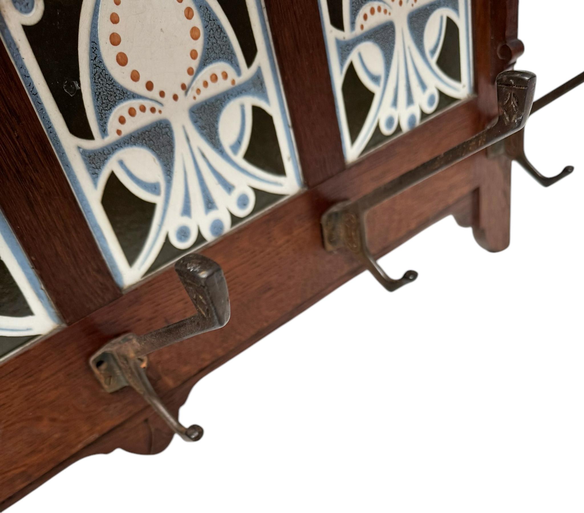 Arts and Crafts Arts & Crafts Coat Rack with Four Original Ceramic Tiles, 1900s