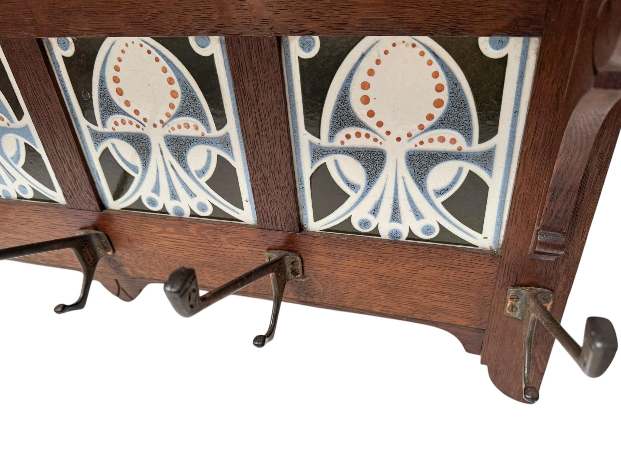 Arts & Crafts Coat Rack with Four Original Ceramic Tiles, 1900s In Good Condition In Amsterdam, NL