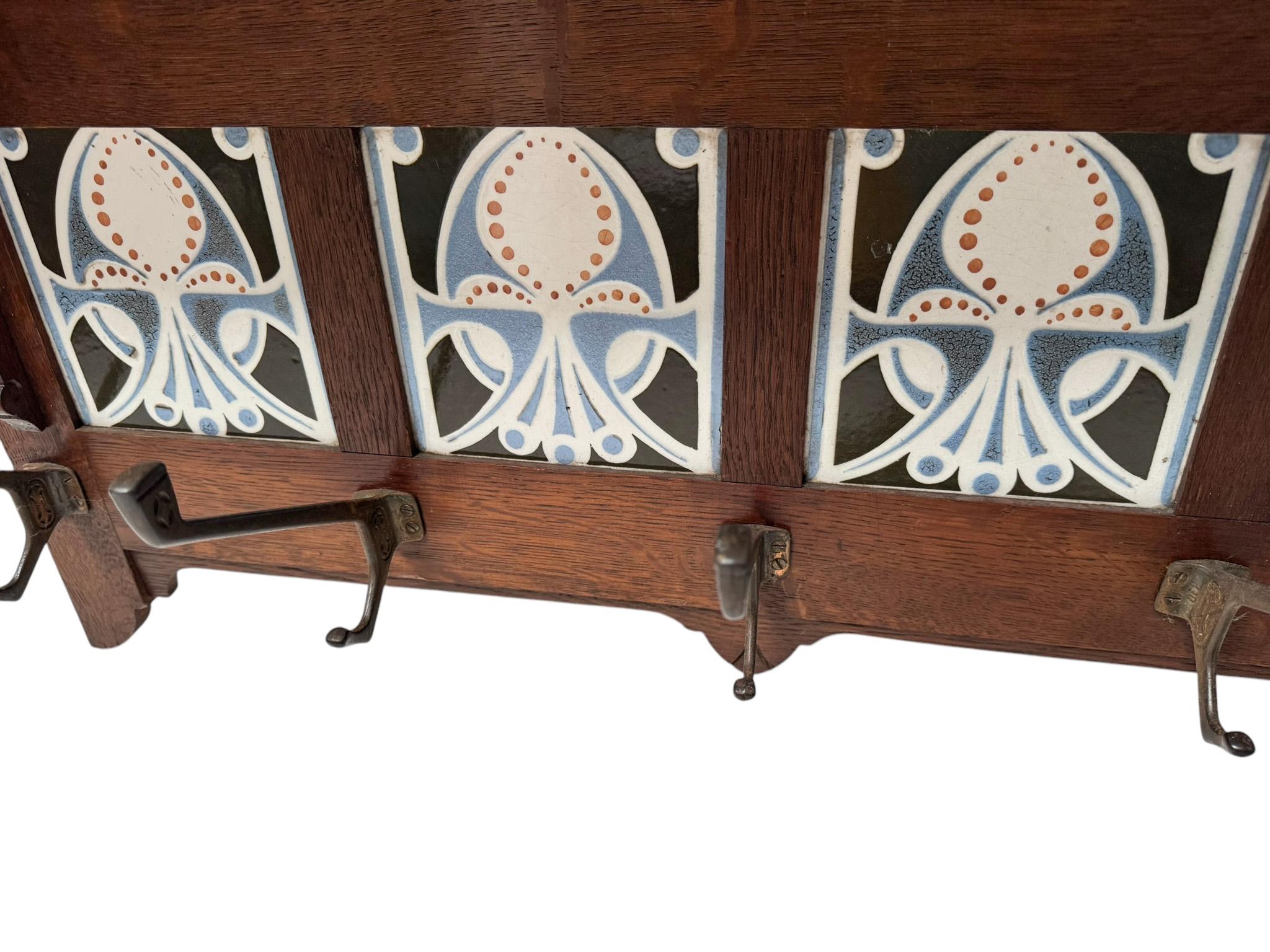 Early 20th Century Arts & Crafts Coat Rack with Four Original Ceramic Tiles, 1900s