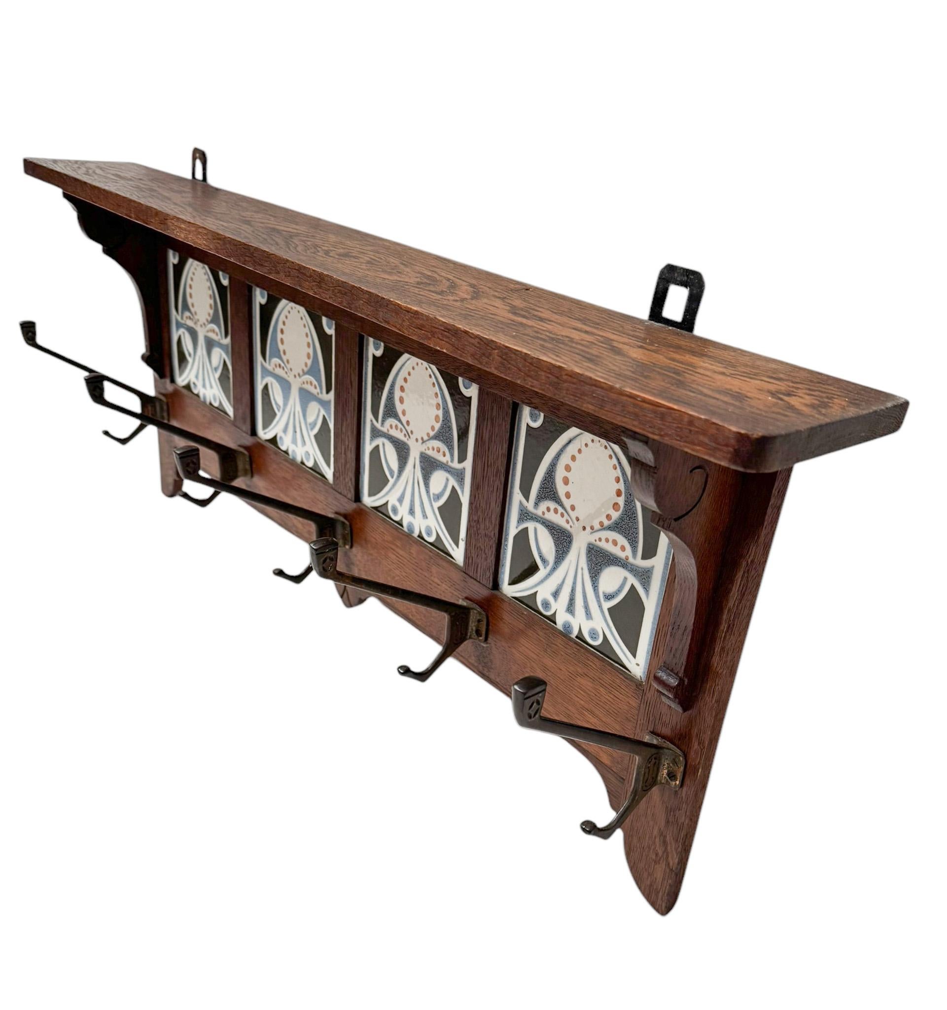 Arts & Crafts Coat Rack with Four Original Ceramic Tiles, 1900s 1