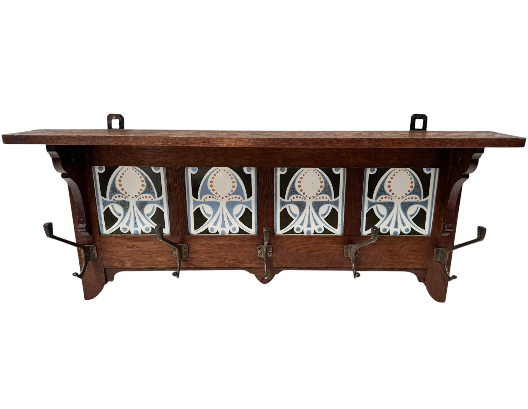 Arts & Crafts Coat Rack with Four Original Ceramic Tiles, 1900s 2