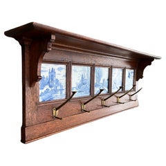 Arts & Crafts Coat Rack with Stylish Delft Blue Glazed Tiles and Bronze Hooks