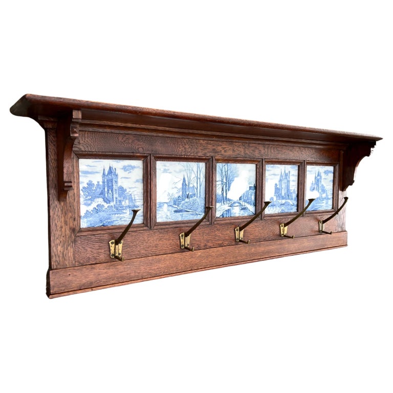 Arts and Crafts Coat Rack with Stylish Delft Blue Glazed Tiles and