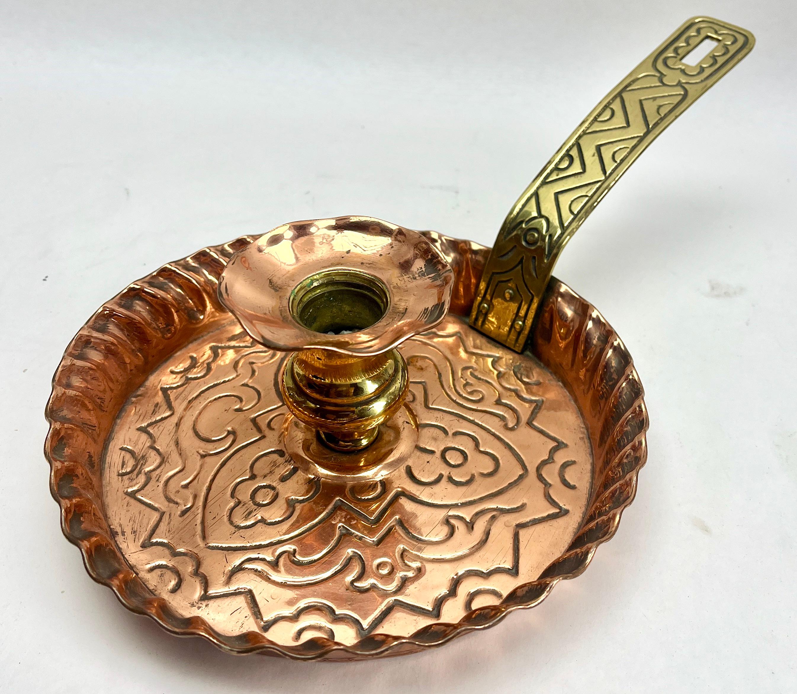 Forged Arts & Crafts Copper and Brass Candleholder, circa 1900s For Sale