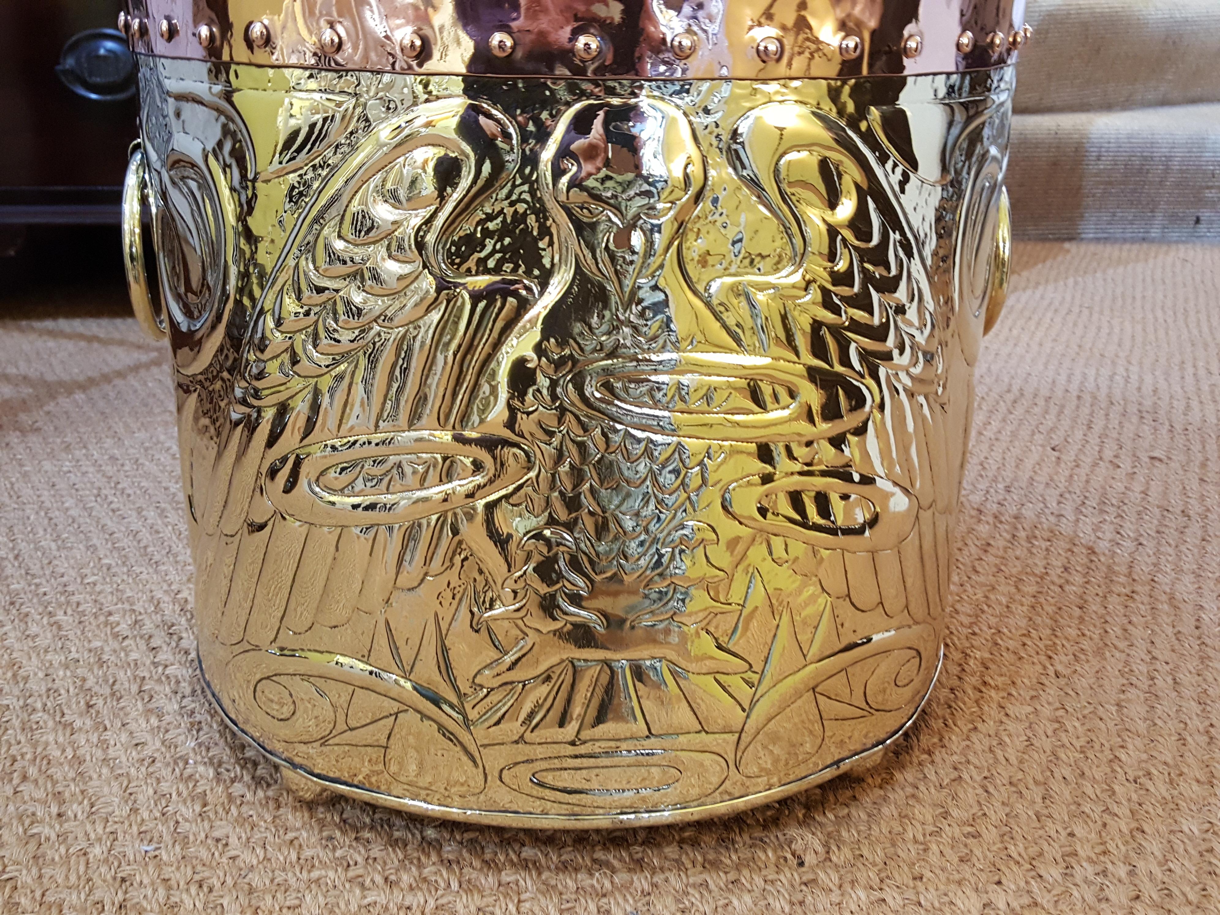 Arts and Crafts Arts & Crafts Copper and Brass Log Bin For Sale