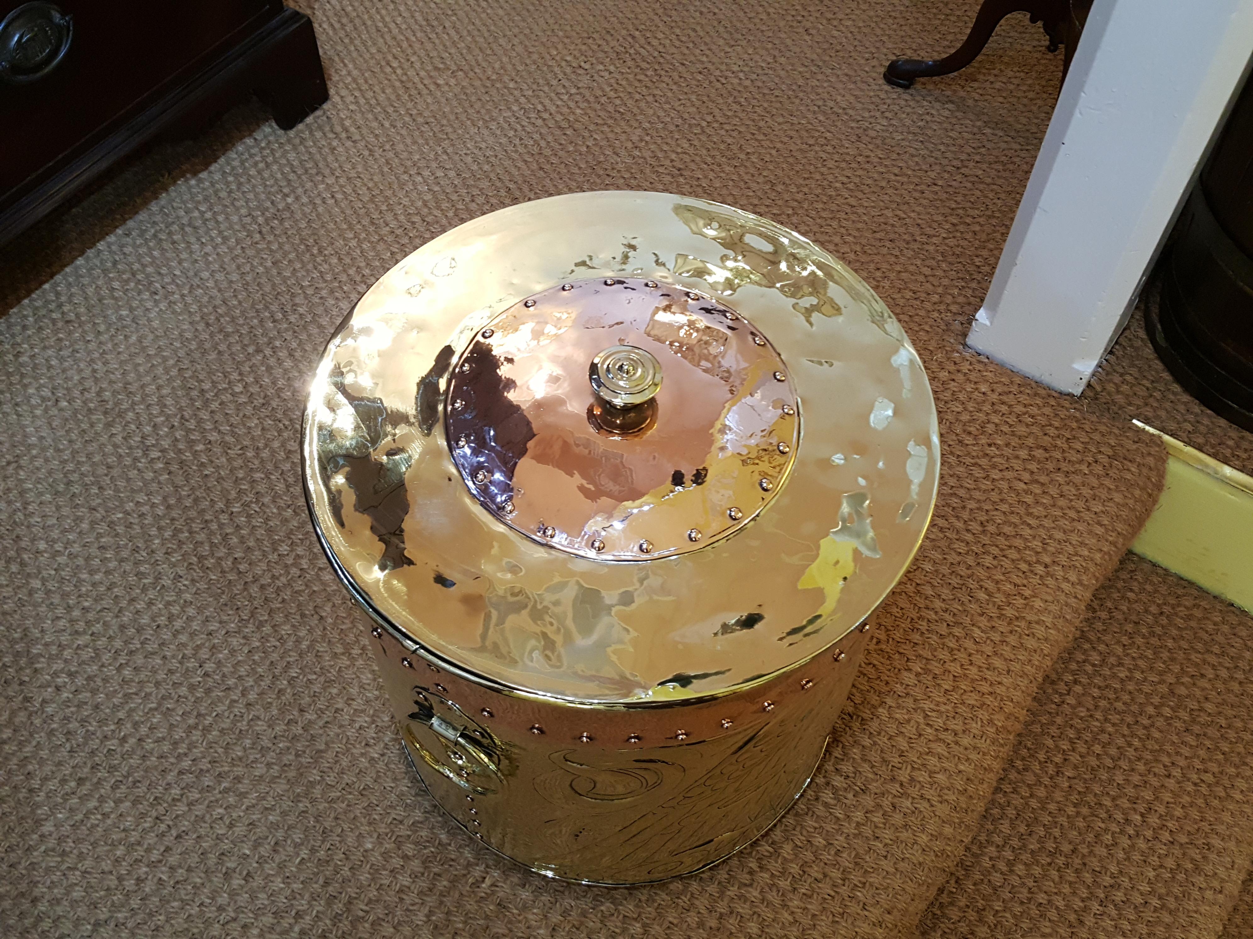 English Arts & Crafts Copper and Brass Log Bin For Sale
