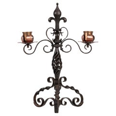 Arts & Crafts Copper and Wrought Iron Twin-Branch Candelabra