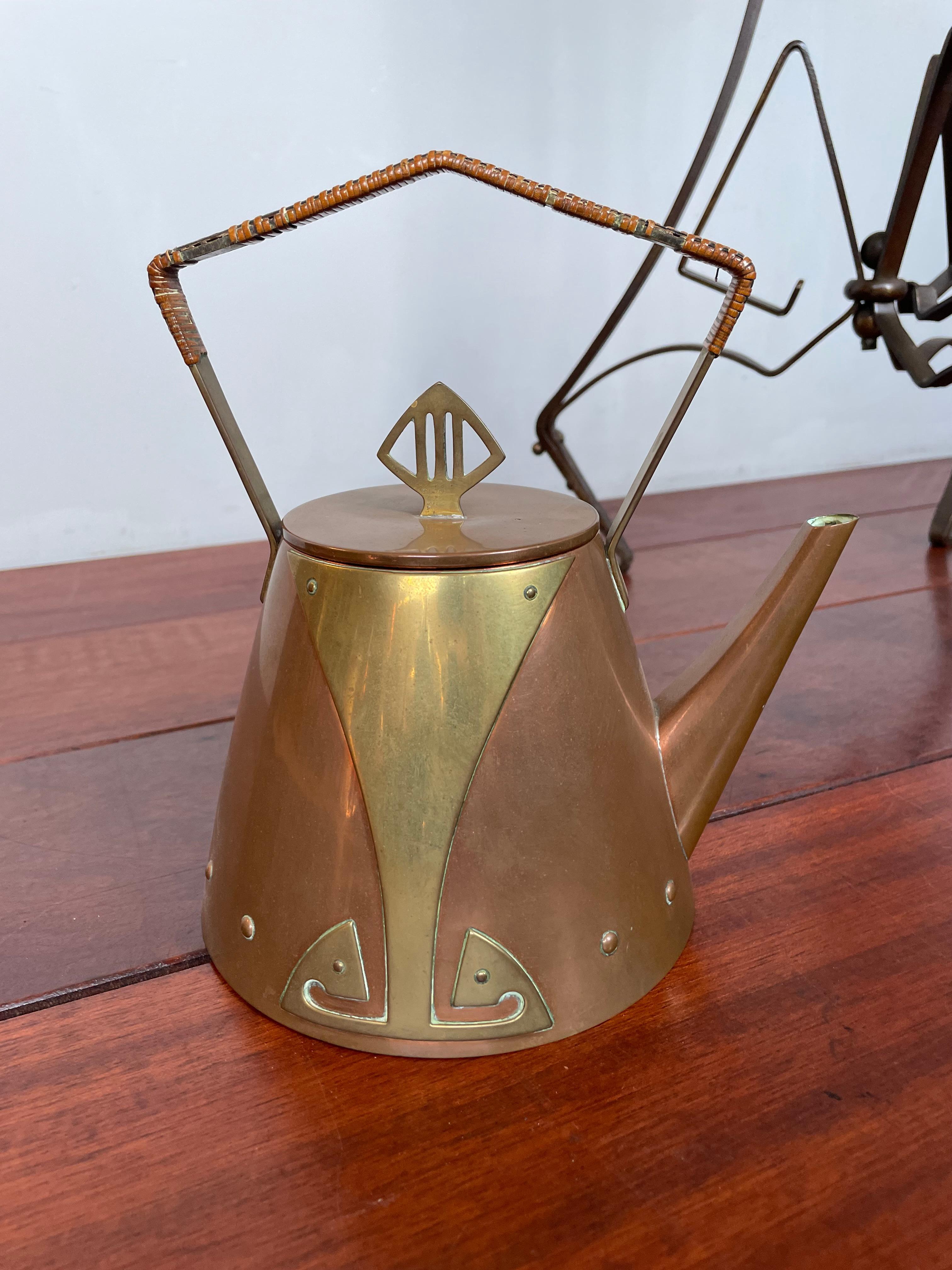 Arts & Crafts Copper & Brass Tea Pot, Burner & Tray by WMF on Wrought Iron Stand For Sale 10