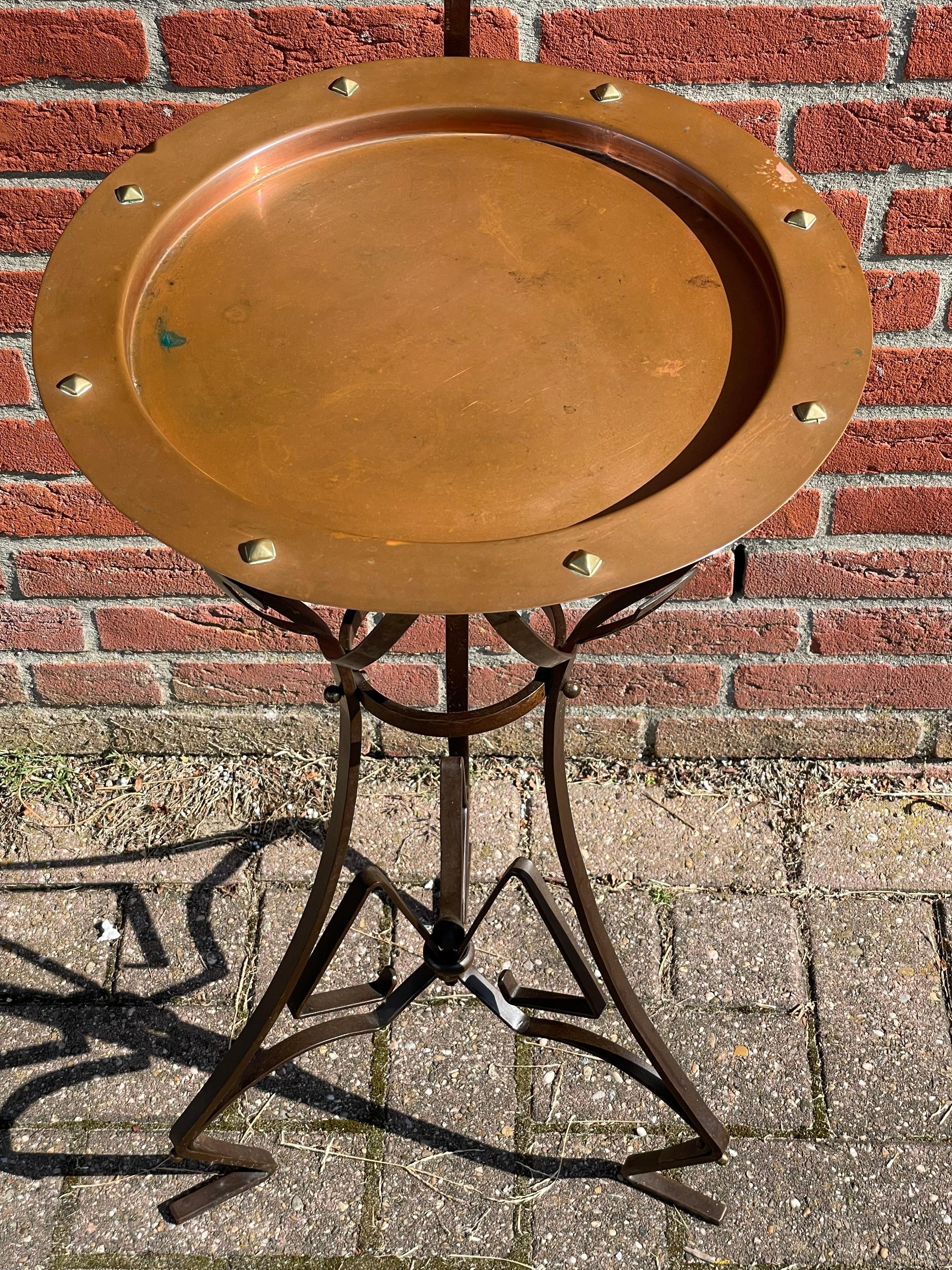 Arts & Crafts Copper & Brass Tea Pot, Burner & Tray by WMF on Wrought Iron Stand In Good Condition For Sale In Lisse, NL