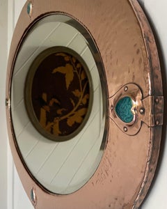 Arts & Crafts Copper Framed Mirror with Ruskin Heart Cabochons