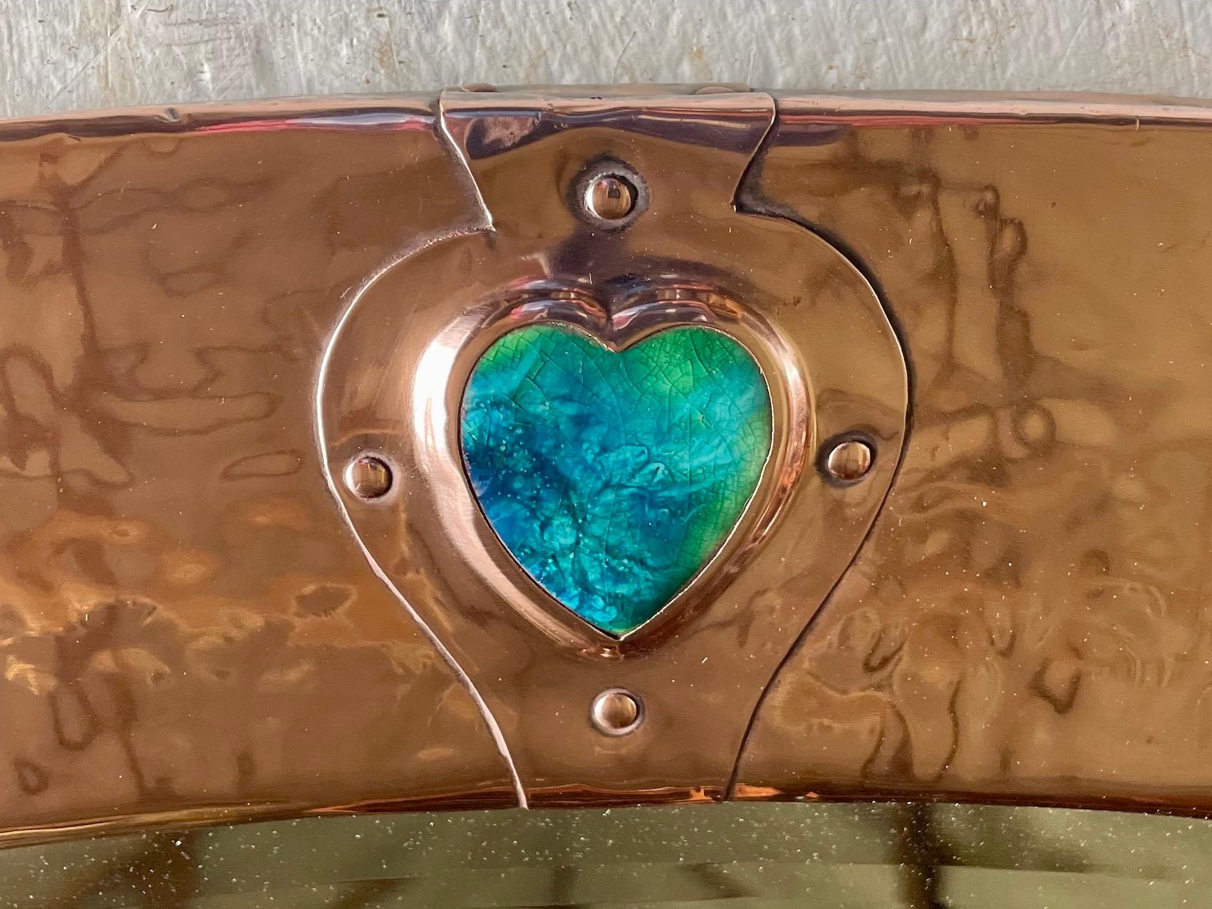 Arts and Crafts Arts & Crafts Copper Framed Mirror with Ruskin Heart Cabochons