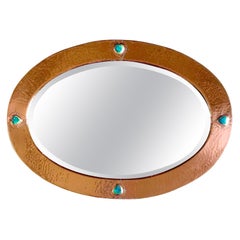 Arts & Crafts Copper Framed Mirror with Ruskin Heart Cabochons