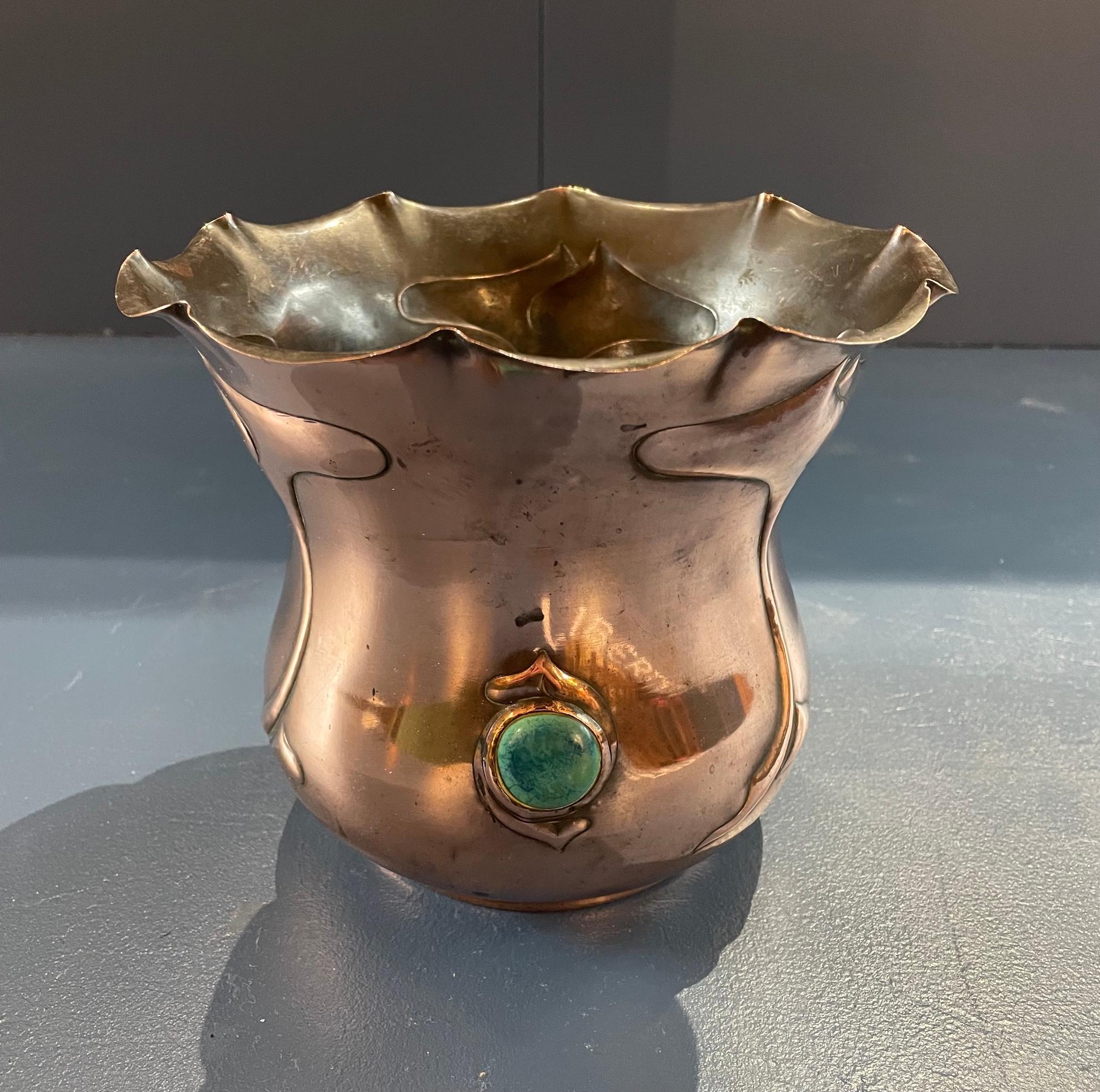 English Arts & Crafts Copper Jardiniere With Ruskin Inset Roundels For Sale