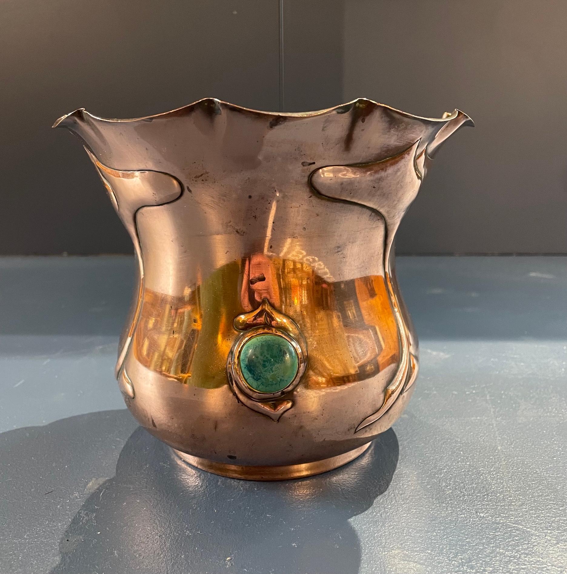Arts & Crafts Copper Jardiniere With Ruskin Inset Roundels In Good Condition For Sale In Petworth, GB