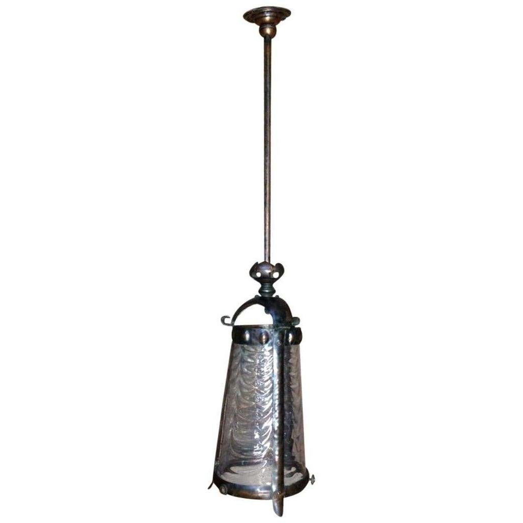 Arts & Crafts Copper Lantern Retaining the Original Ribbed Style Opaque Shade For Sale