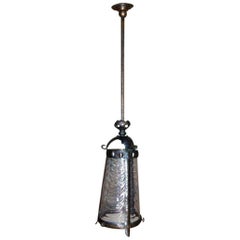 Antique Arts & Crafts Copper Lantern Retaining the Original Ribbed Style Opaque Shade