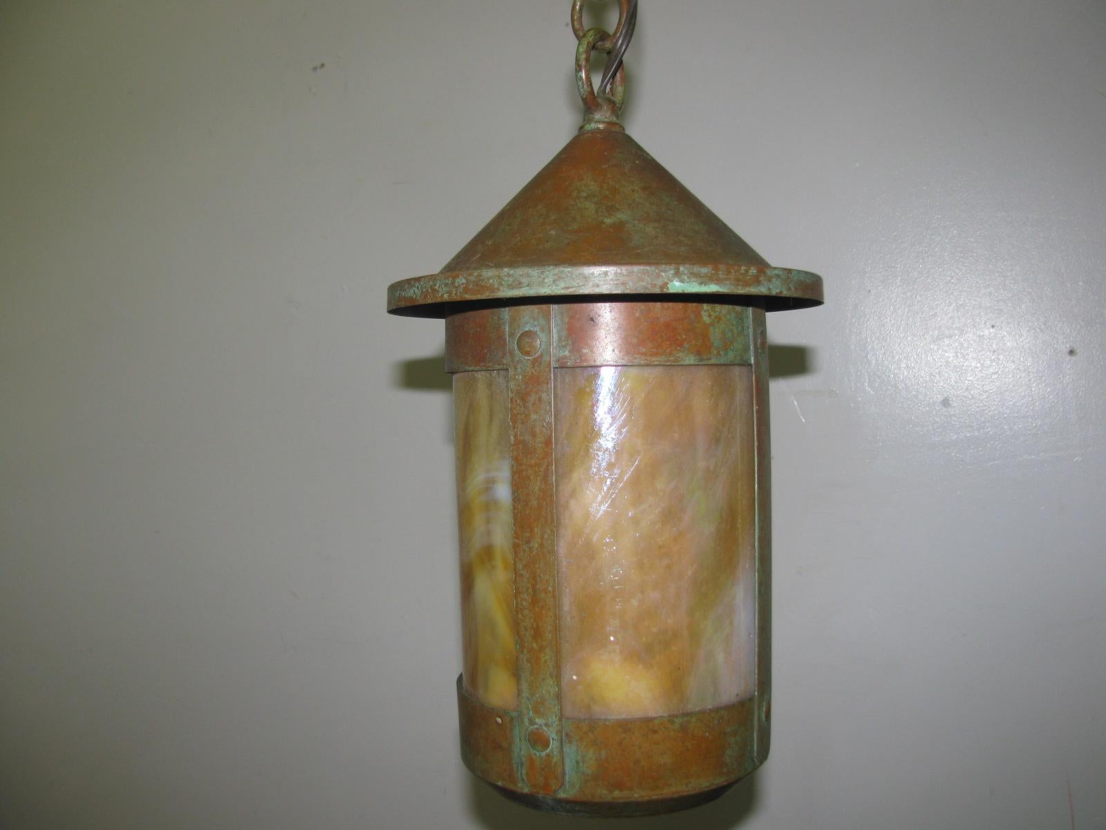 American Arts & Crafts Mission Style Copper Lanterns with Cream Slag Glass 4 Available For Sale