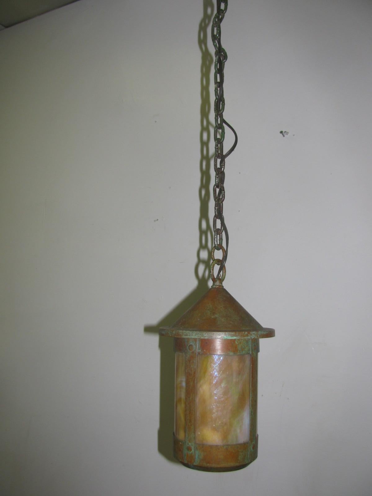 Mid-20th Century Arts & Crafts Mission Style Copper Lanterns with Cream Slag Glass 4 Available For Sale