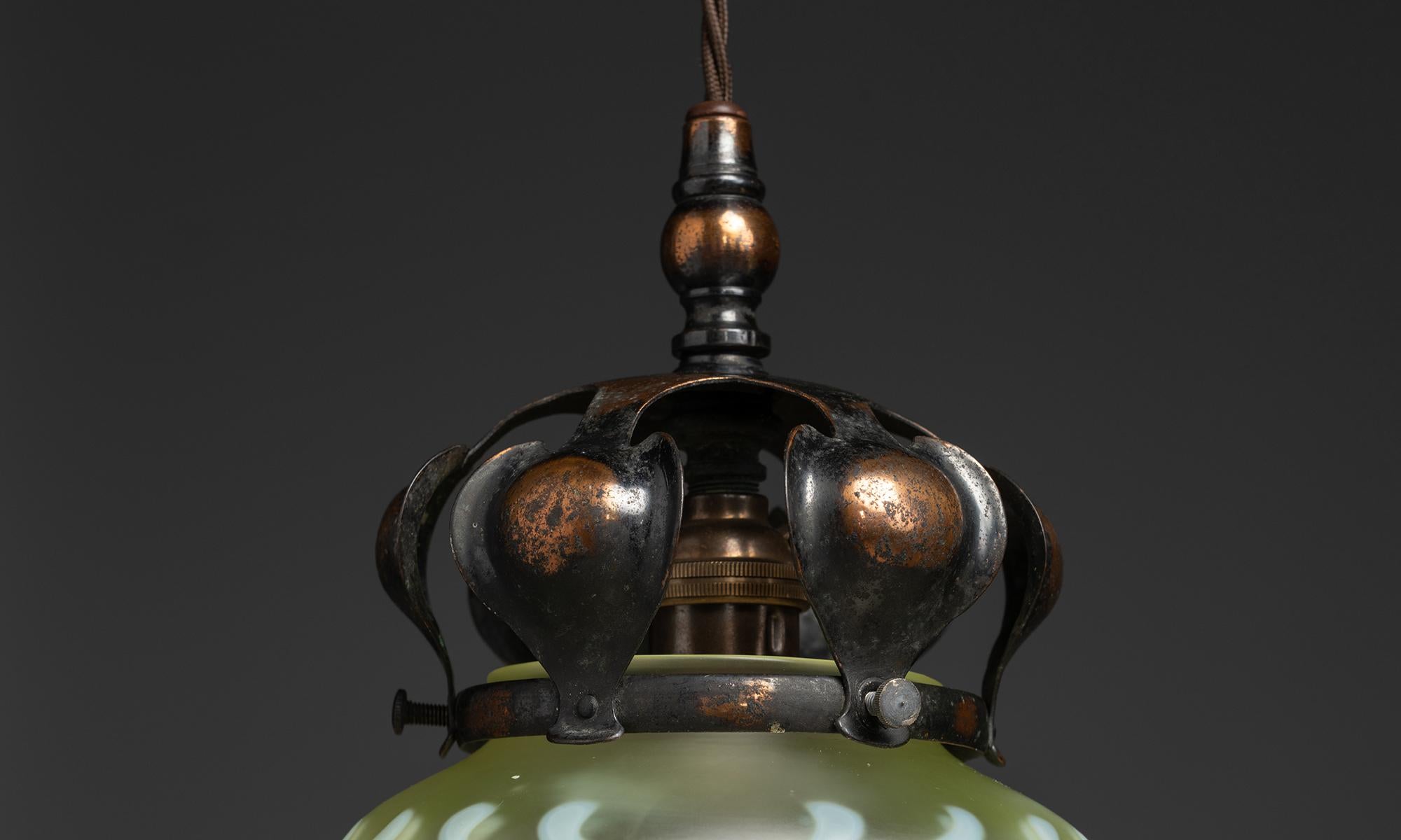 Arts and Crafts Arts & Crafts Copper Lobed Pendants with John Walsh Shades, England circa 1900