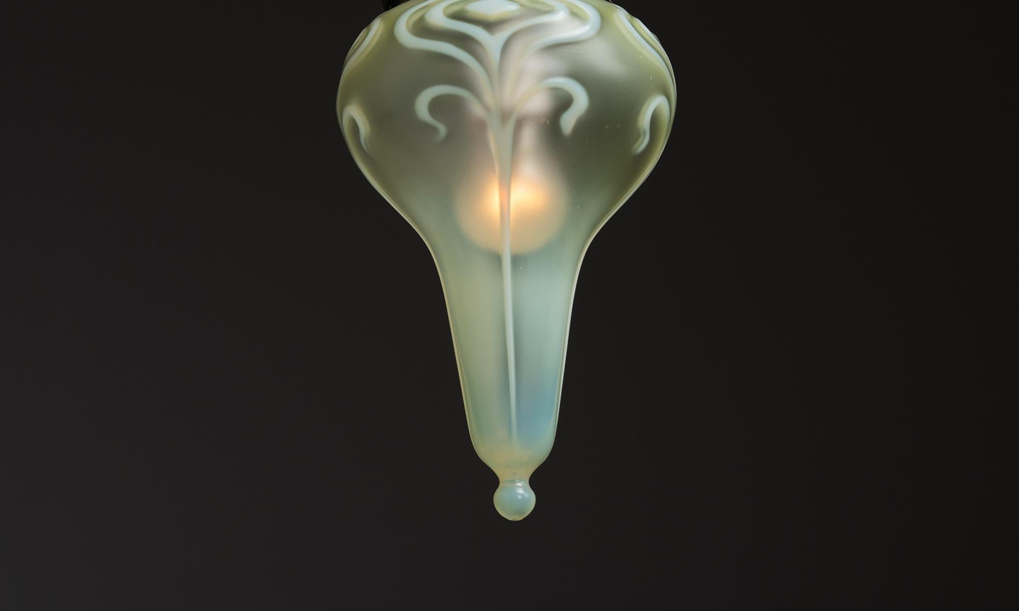 English Arts & Crafts Copper Lobed Pendants with John Walsh Shades, England circa 1900